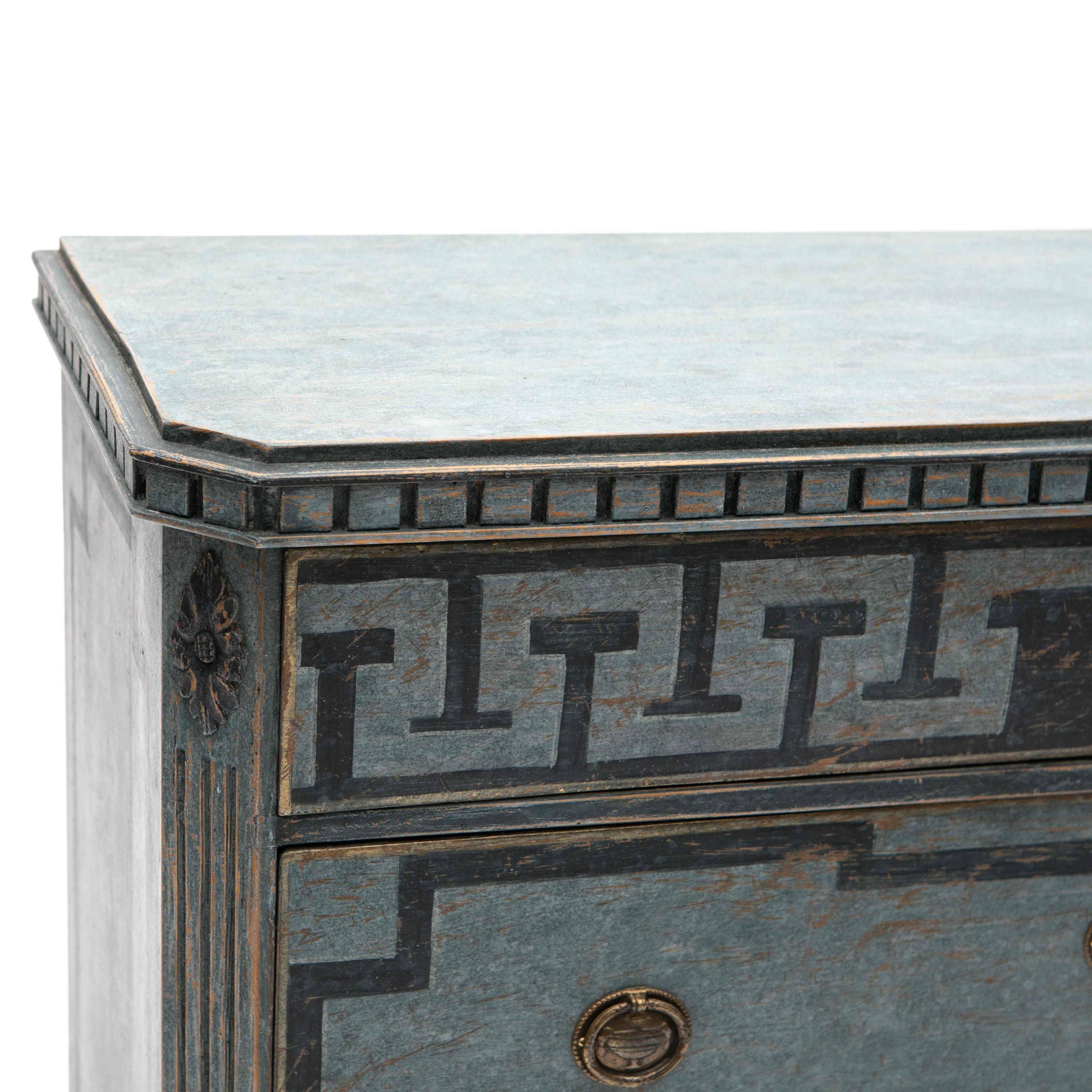 Mid-19th Century Gustavian Style Blue Painted Chest of Drawers with Geometric Patterns