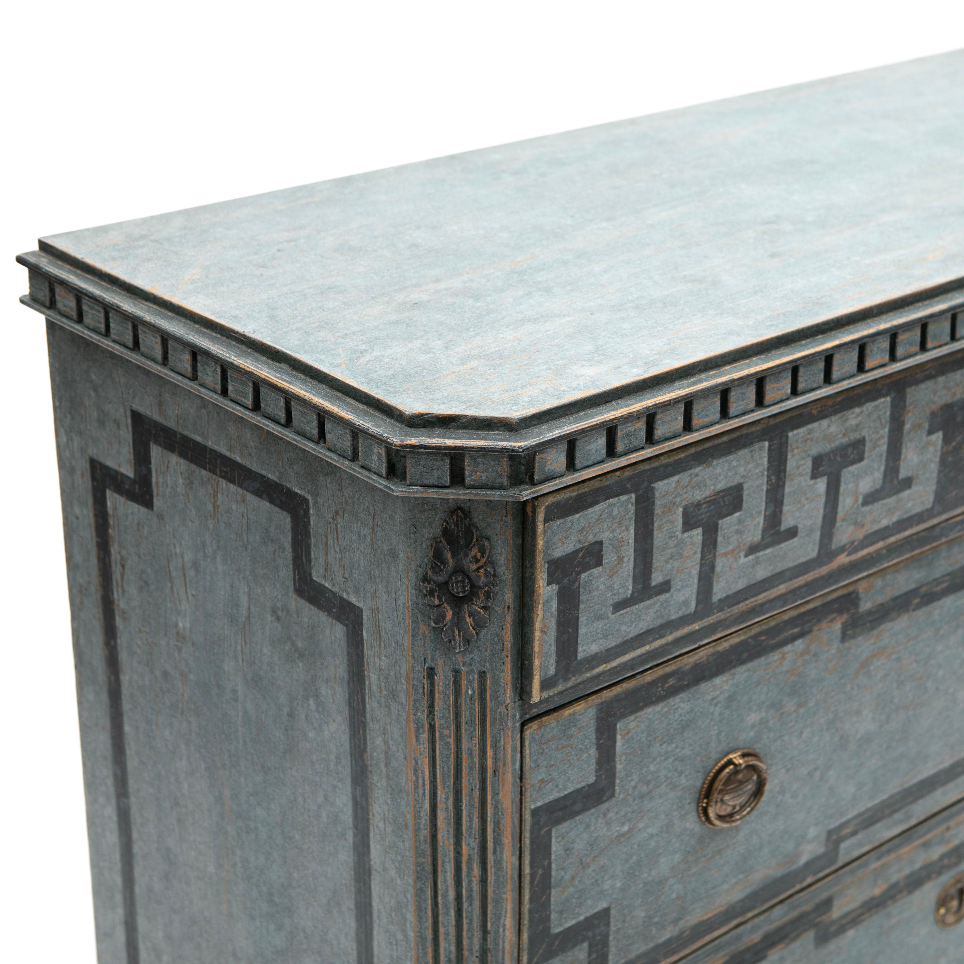 Brass Gustavian Style Blue Painted Chest of Drawers with Geometric Patterns