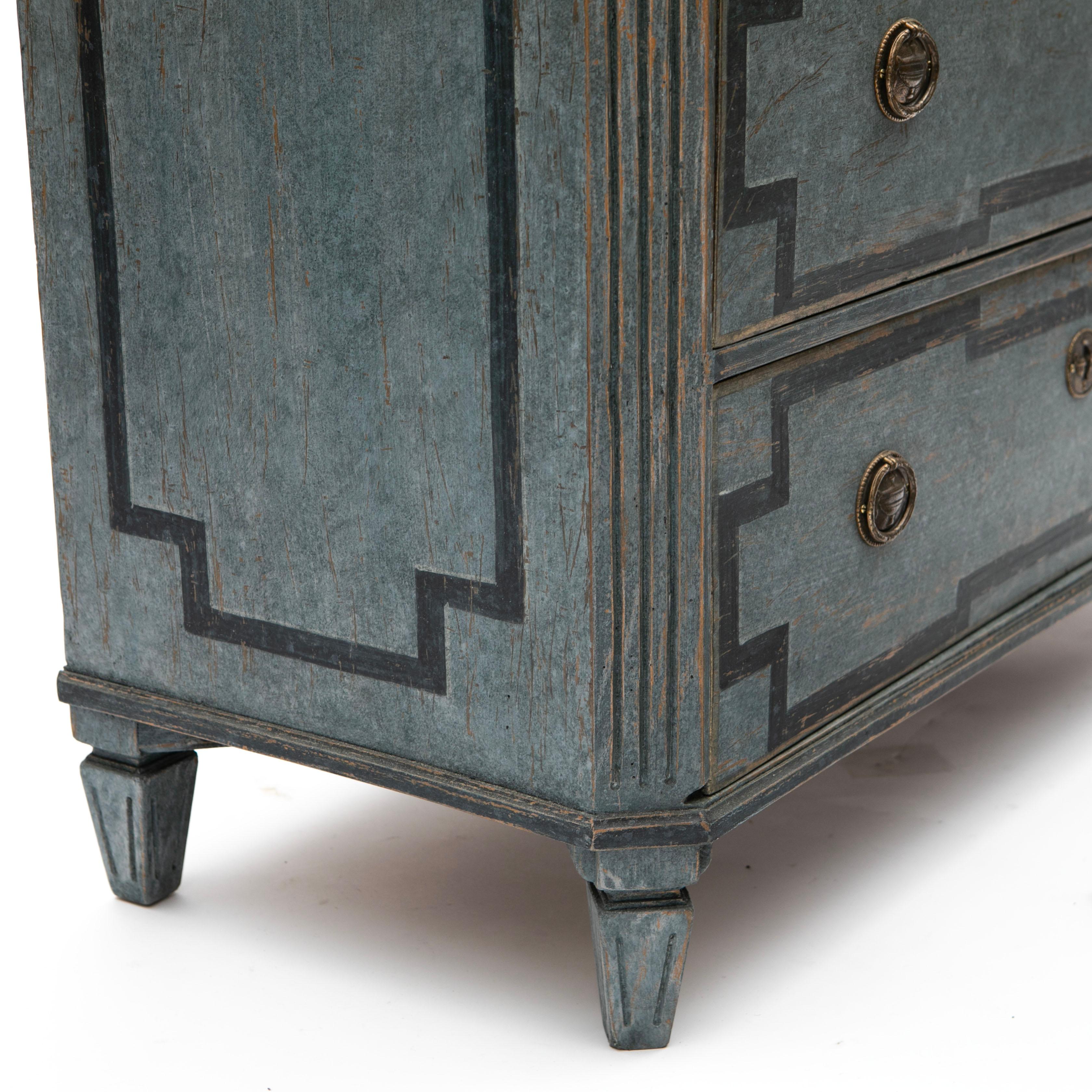 Gustavian Style Blue Painted Chest of Drawers with Geometric Patterns 1