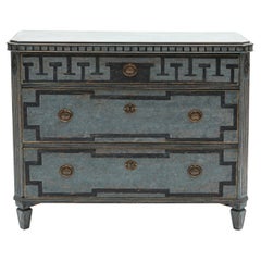 Gustavian Style Blue Painted Chest of Drawers with Geometric Patterns