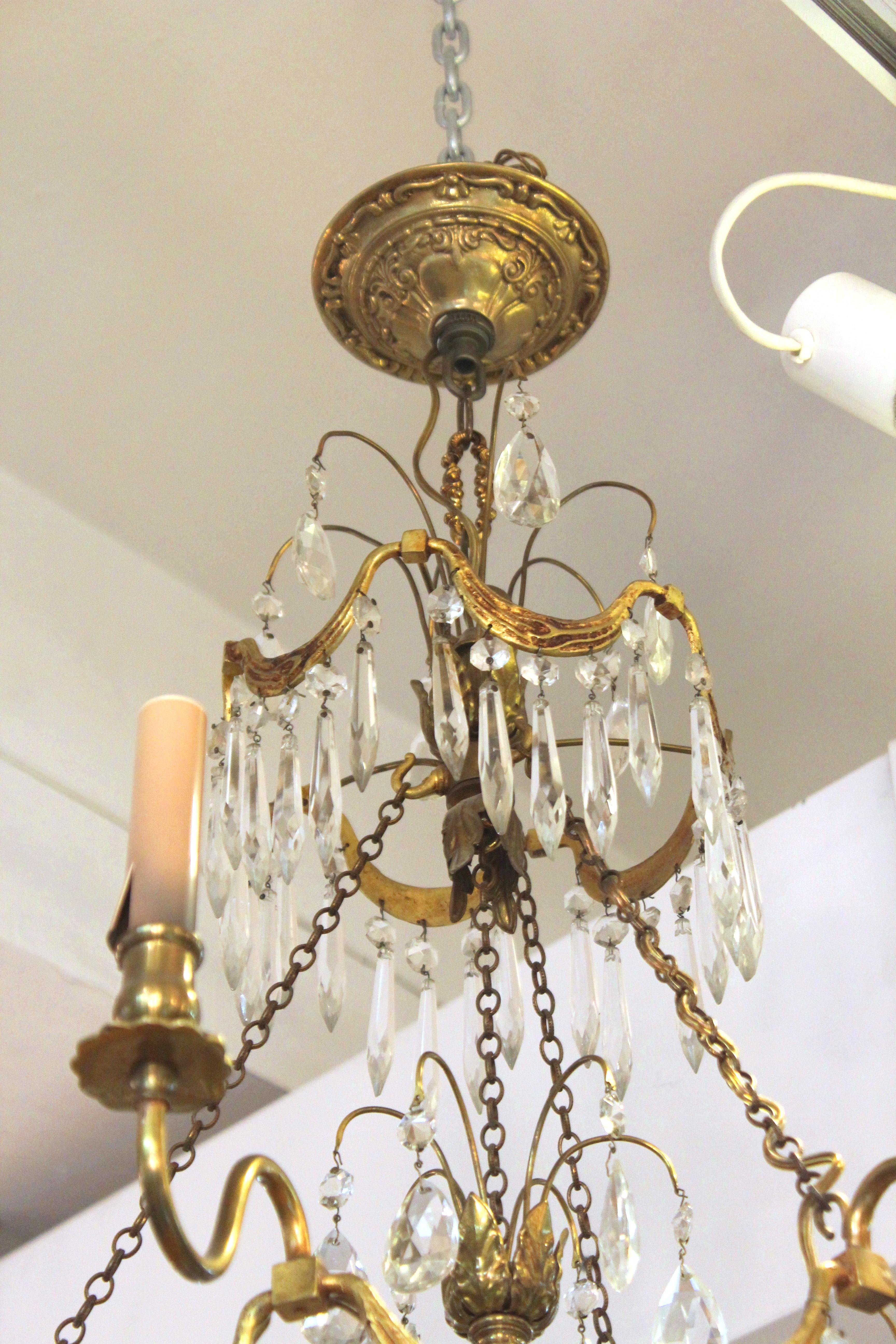 Gustavian Style Chandelier in Brass with Crystal Droplets In Good Condition In Astoria, NY