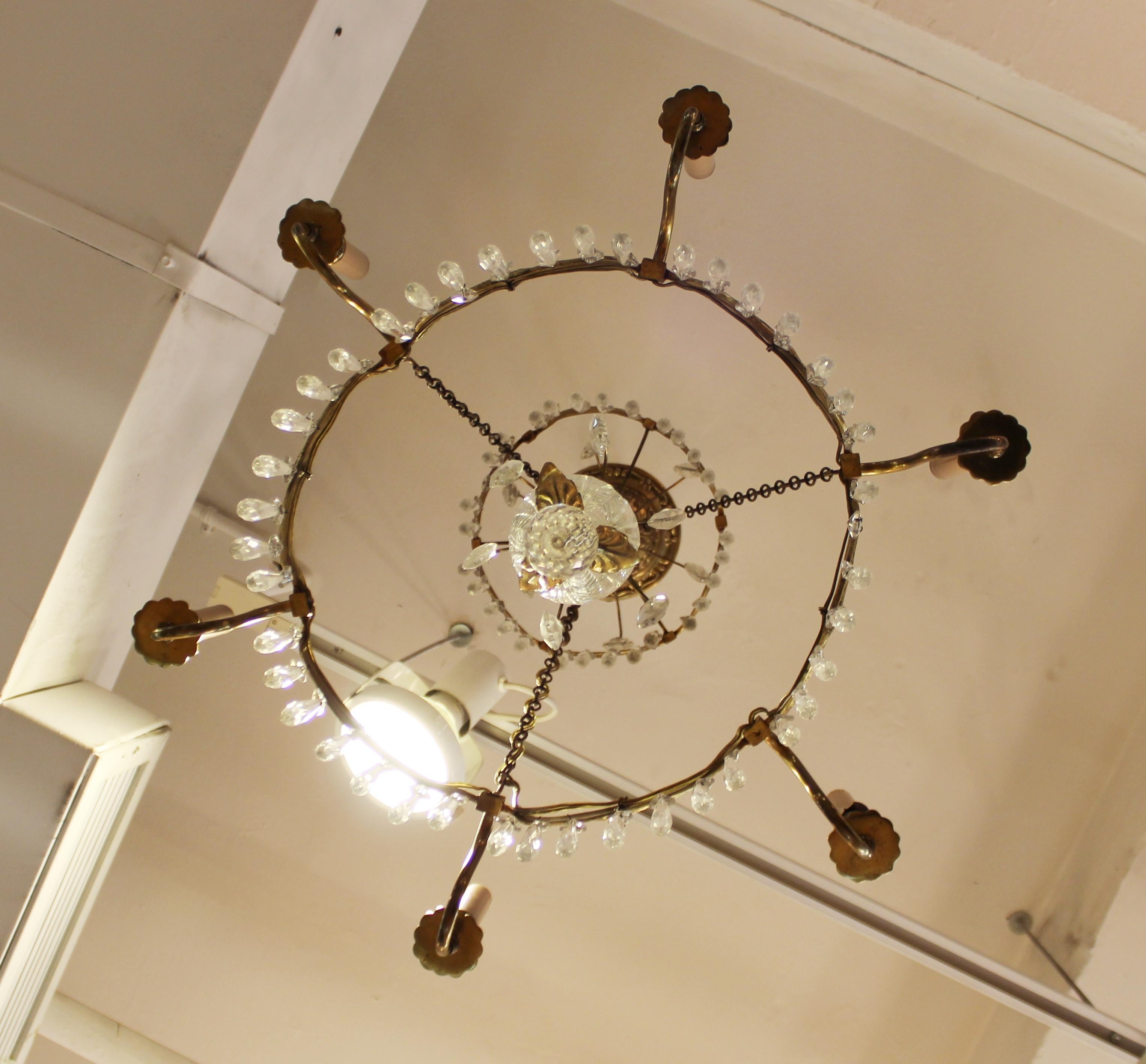 Gustavian Style Chandelier in Brass with Crystal Droplets 2