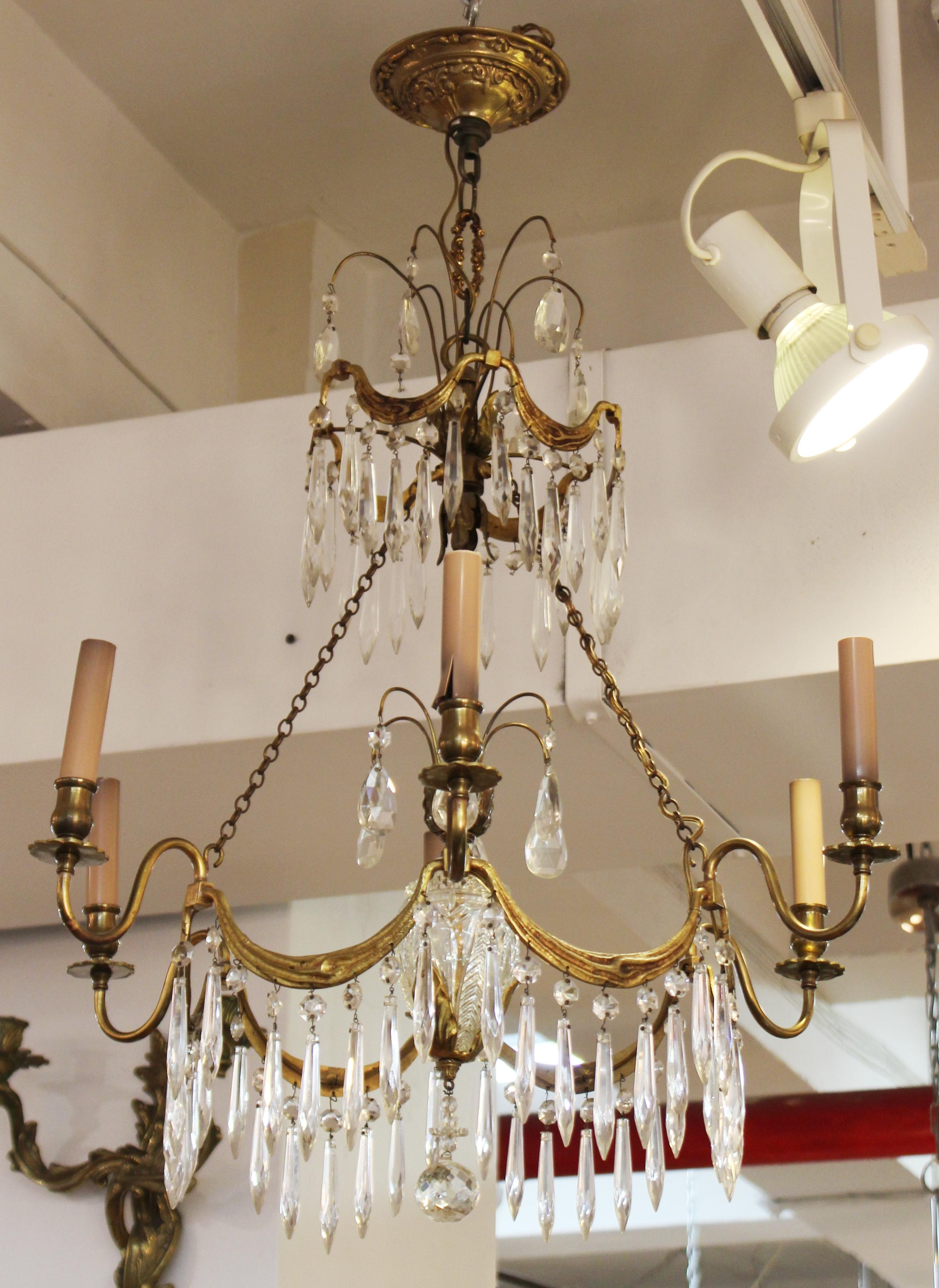 Gustavian Style Chandelier in Brass with Crystal Droplets 3
