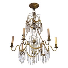 Antique Gustavian Style Chandelier in Brass with Crystal Droplets