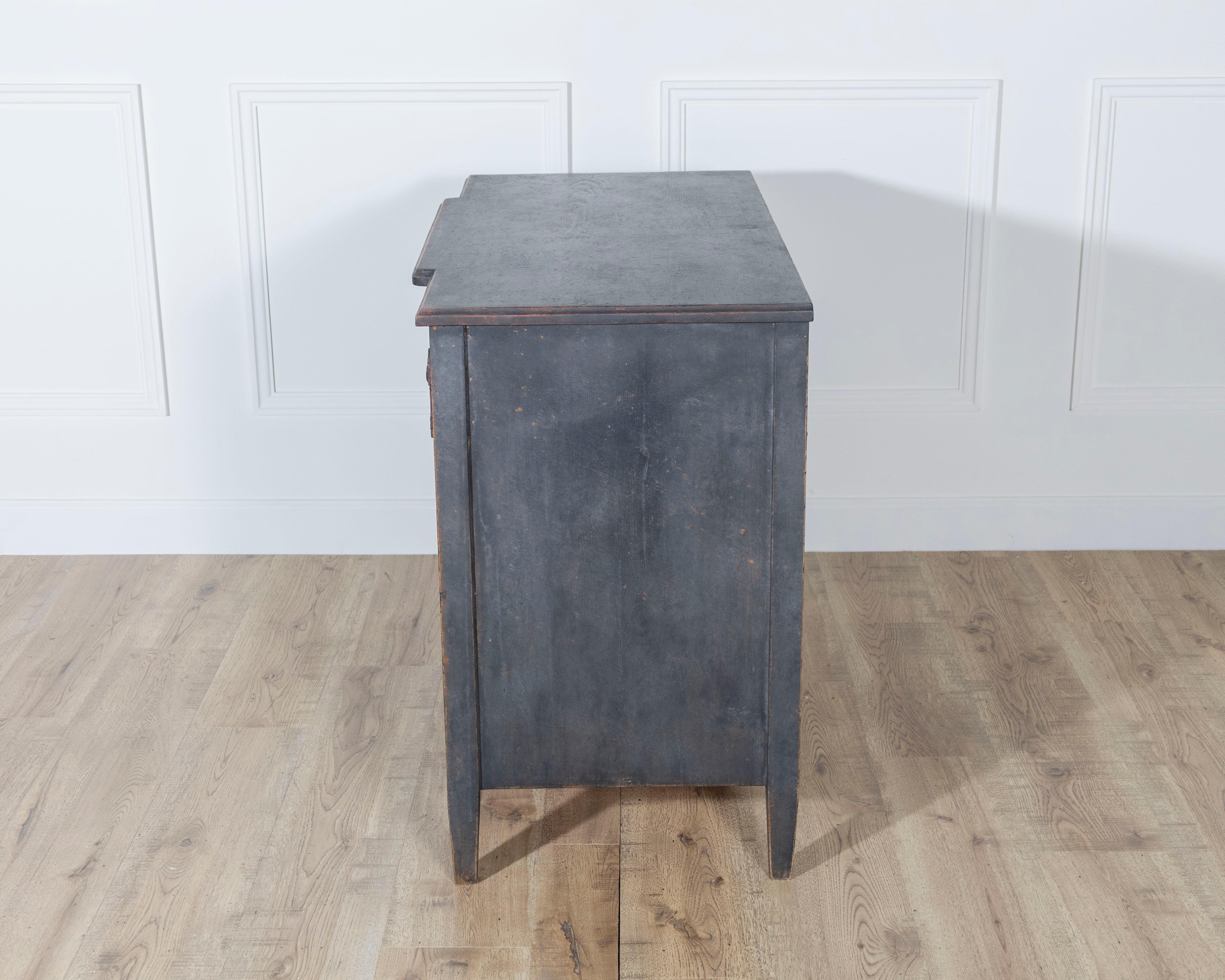 Gustavian Style Chest of Drawers in Black with Brass Hardware and Carved Details For Sale 3