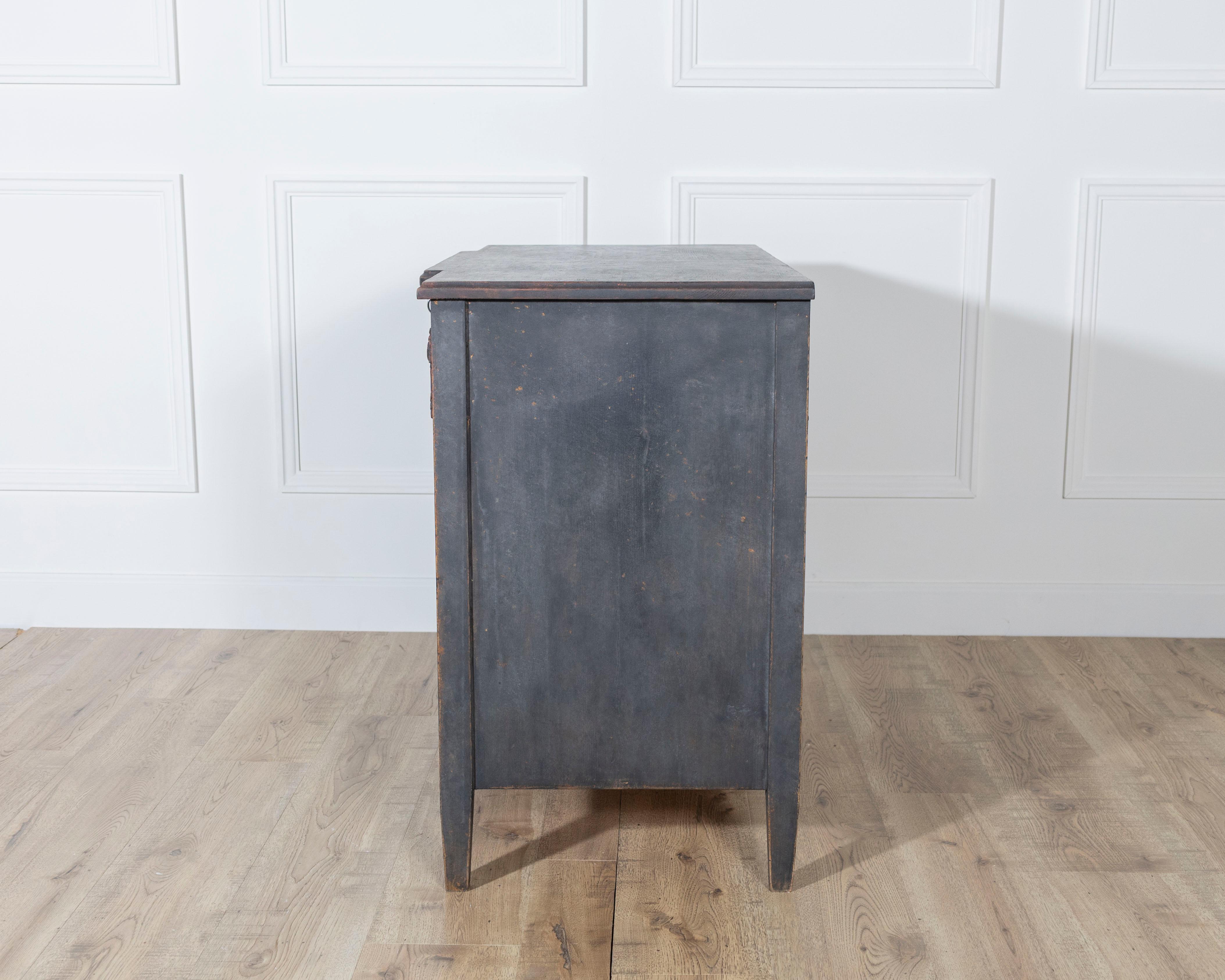 Gustavian Style Chest of Drawers in Black with Brass Hardware and Carved Details For Sale 4