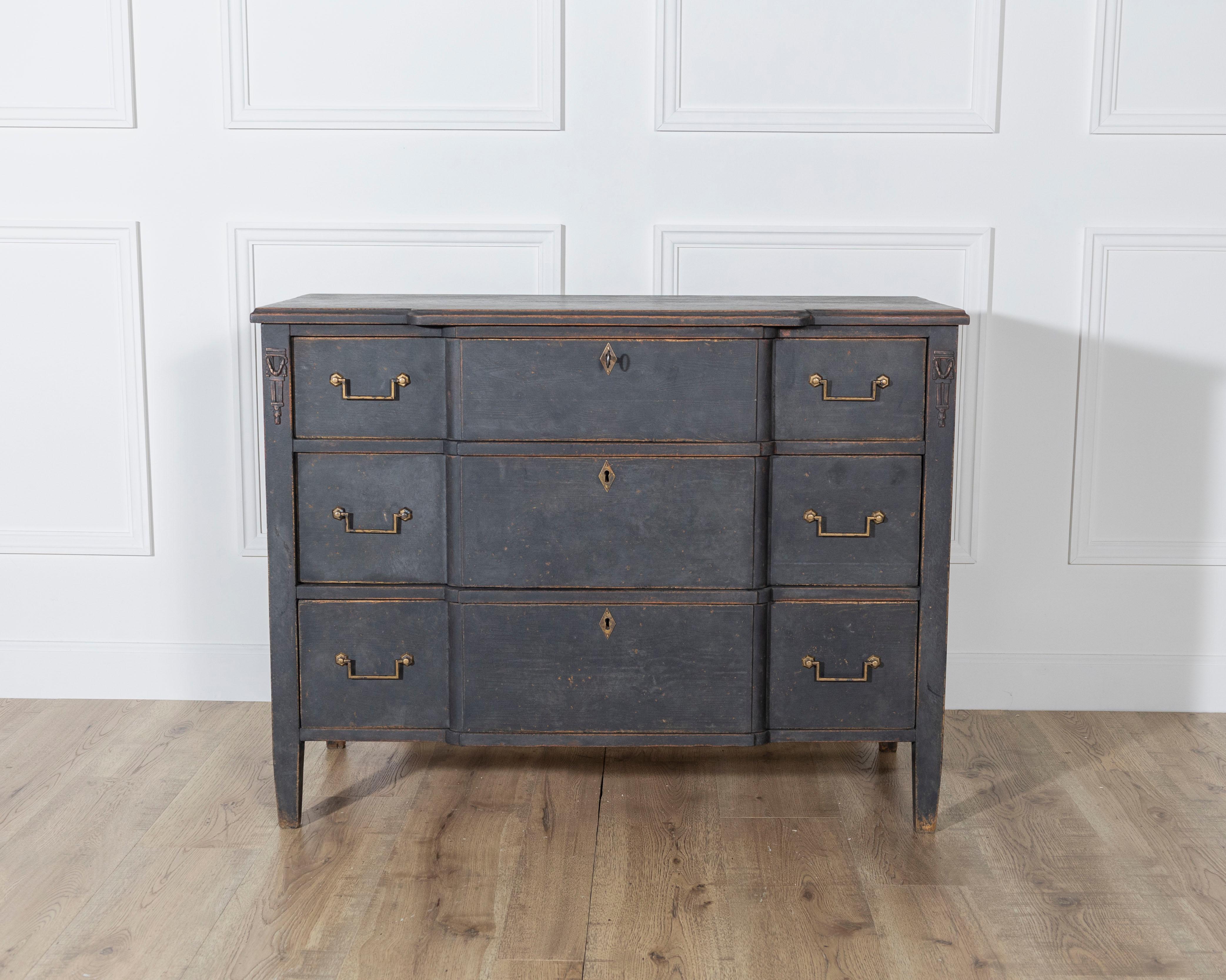 Swedish Gustavian Style Chest of Drawers in Black with Brass Hardware and Carved Details For Sale
