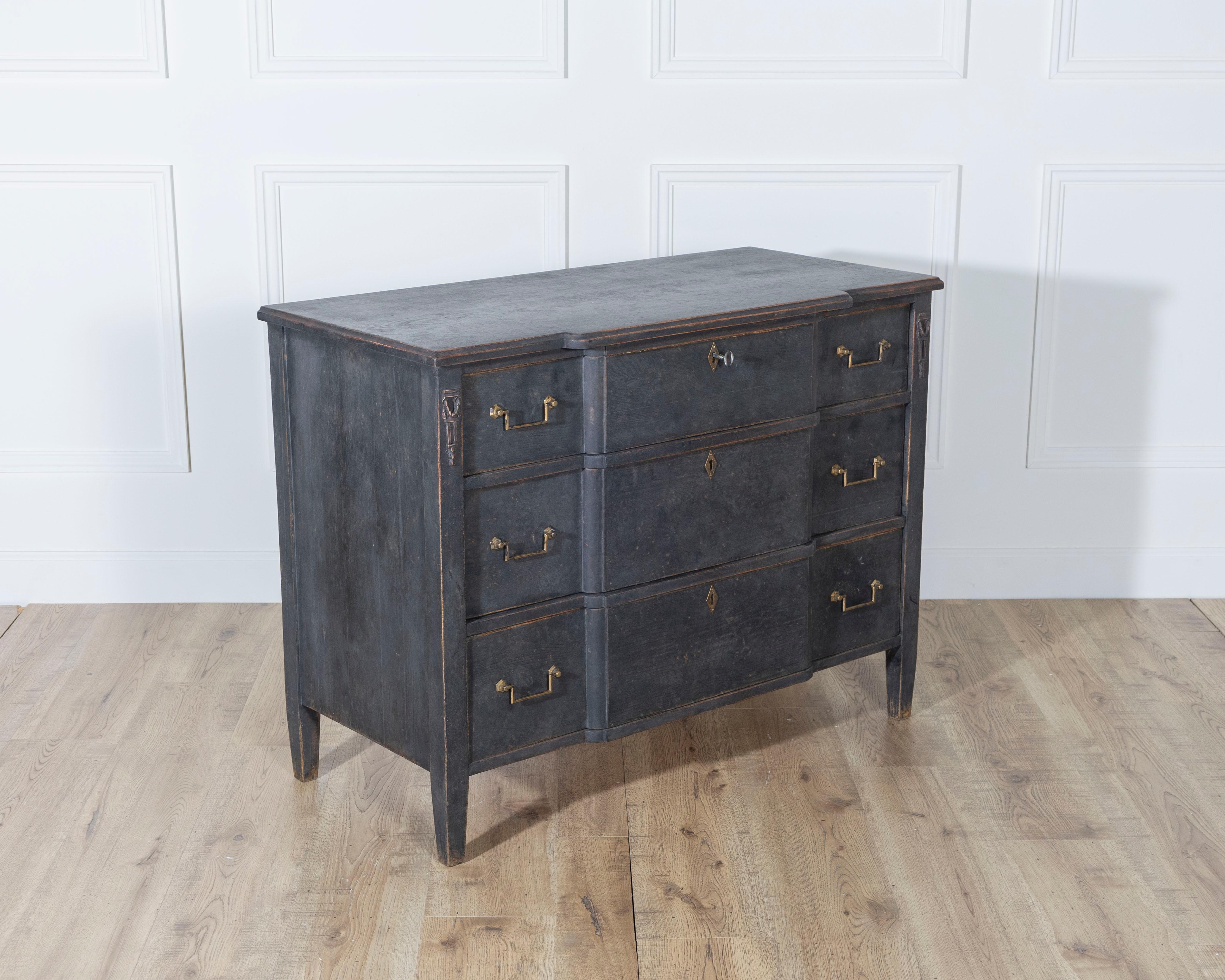 20th Century Gustavian Style Chest of Drawers in Black with Brass Hardware and Carved Details For Sale