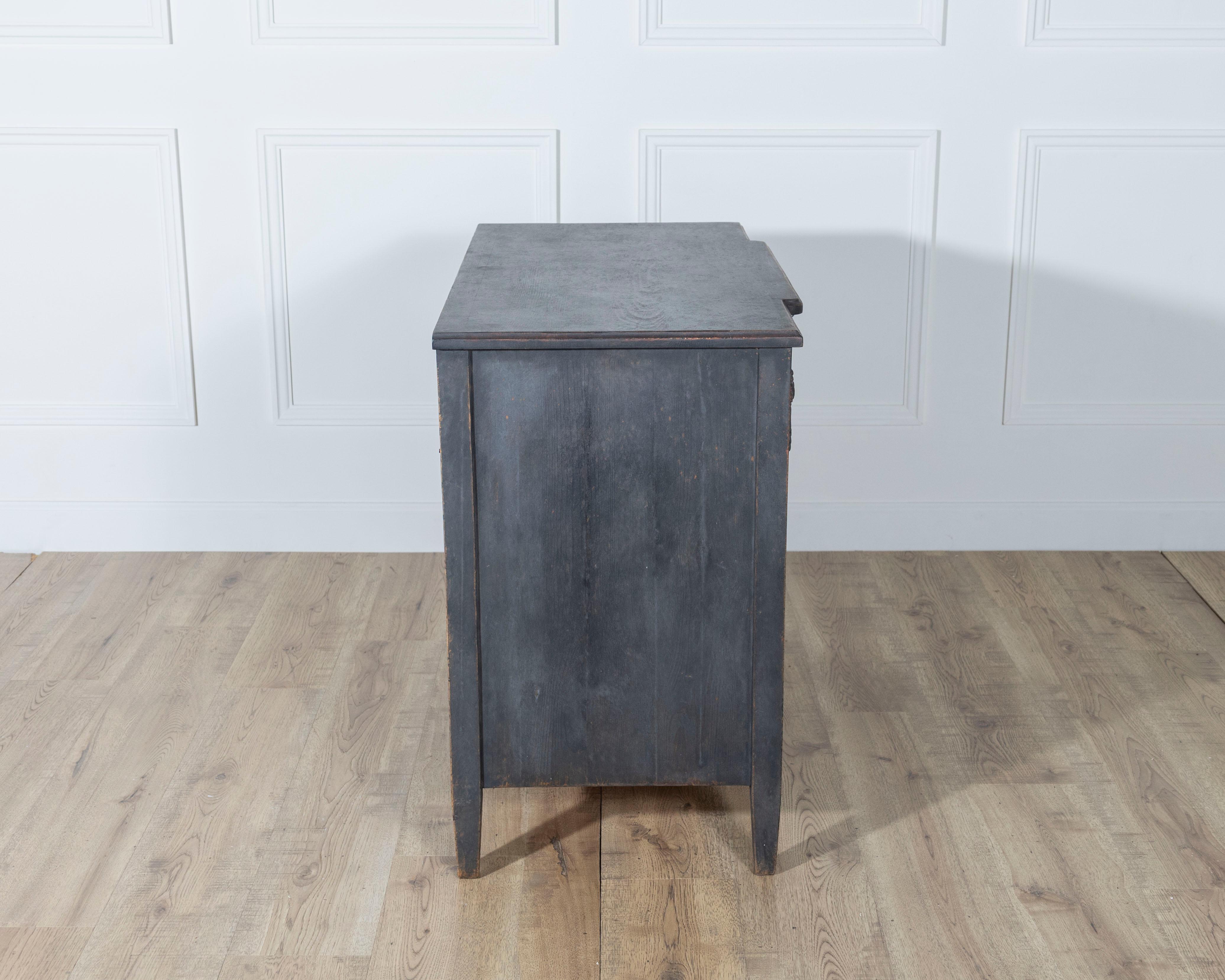 Gustavian Style Chest of Drawers in Black with Brass Hardware and Carved Details For Sale 1
