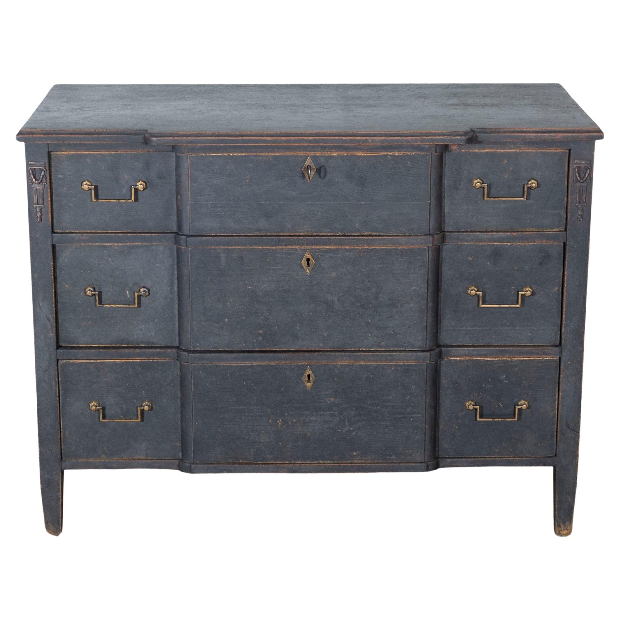 Gustavian Style Chest of Drawers in Black with Brass Hardware and Carved Details For Sale