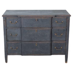 Gustavian Style Chest of Drawers in Black with Brass Hardware and Carved Details