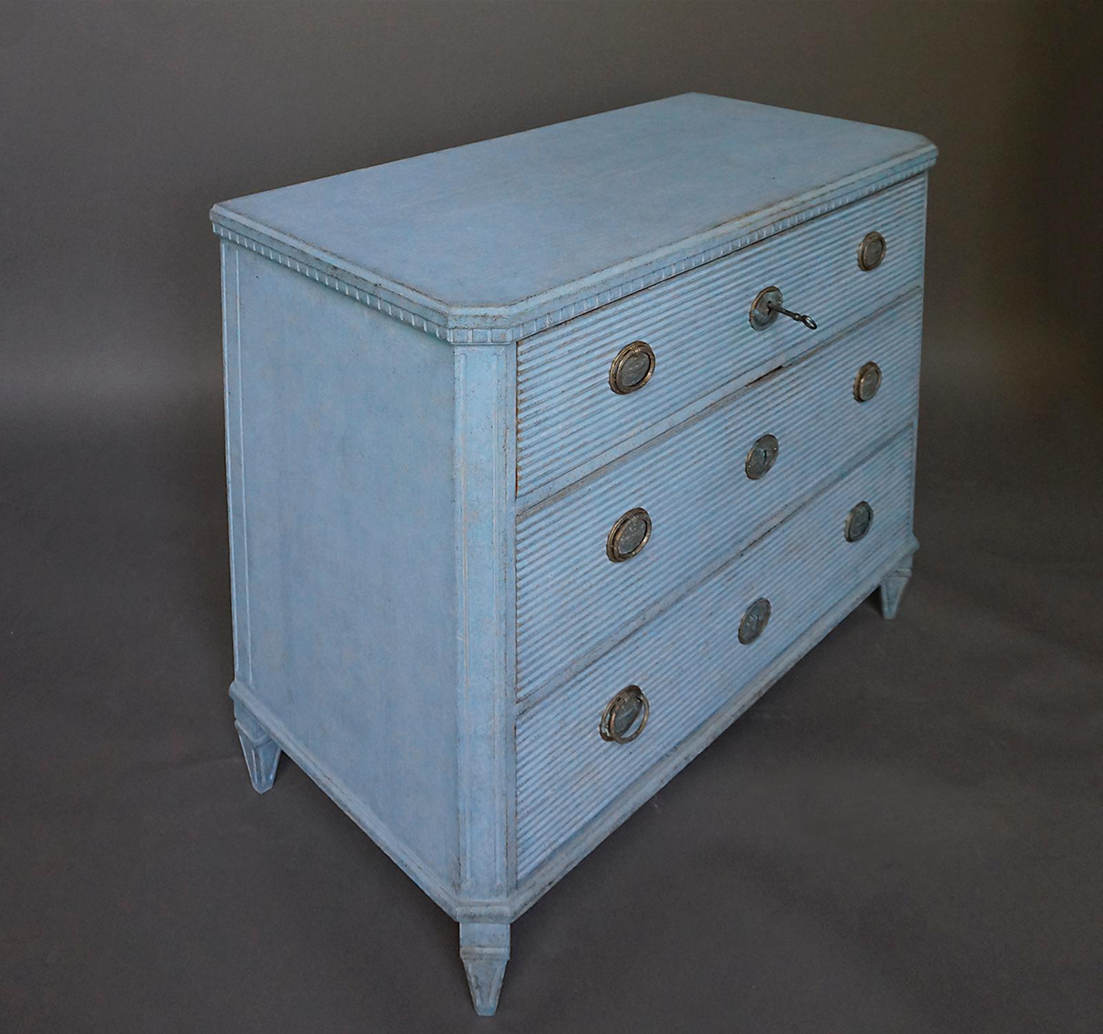 19th Century Gustavian Style Chest of Drawers in Blue Paint