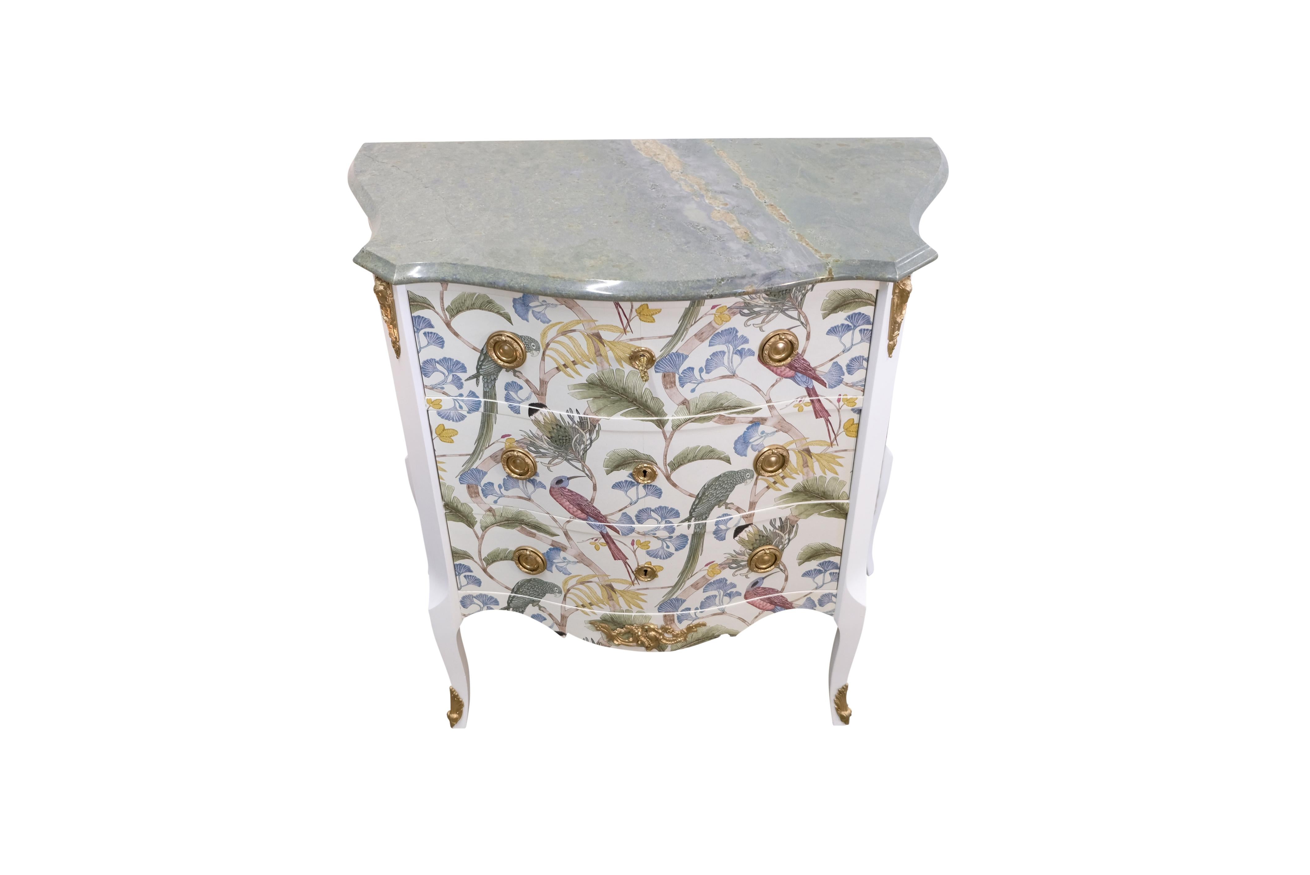 European Gustavian Style Commode in Antique White with Exotic Birds Design and Marble Top