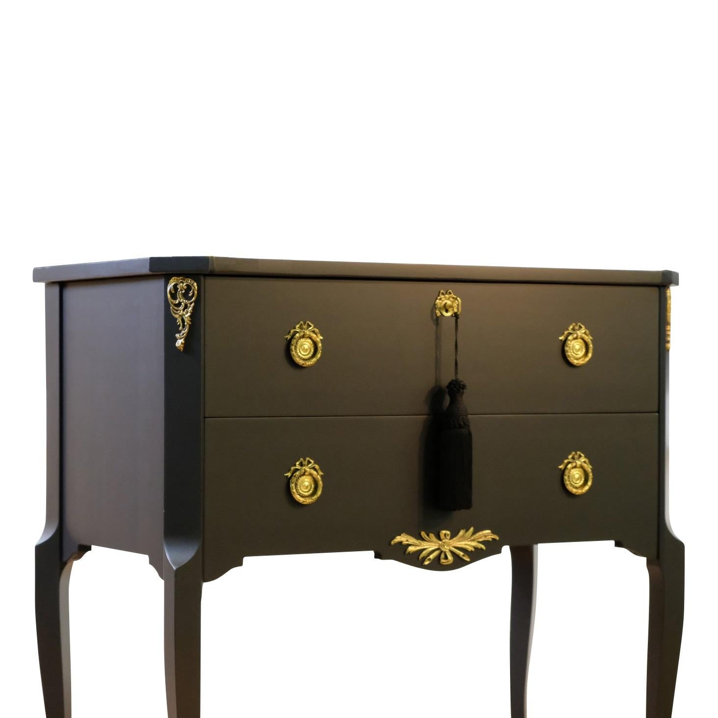 Louis XV Gustavian Style Commode in Black with Brass Details