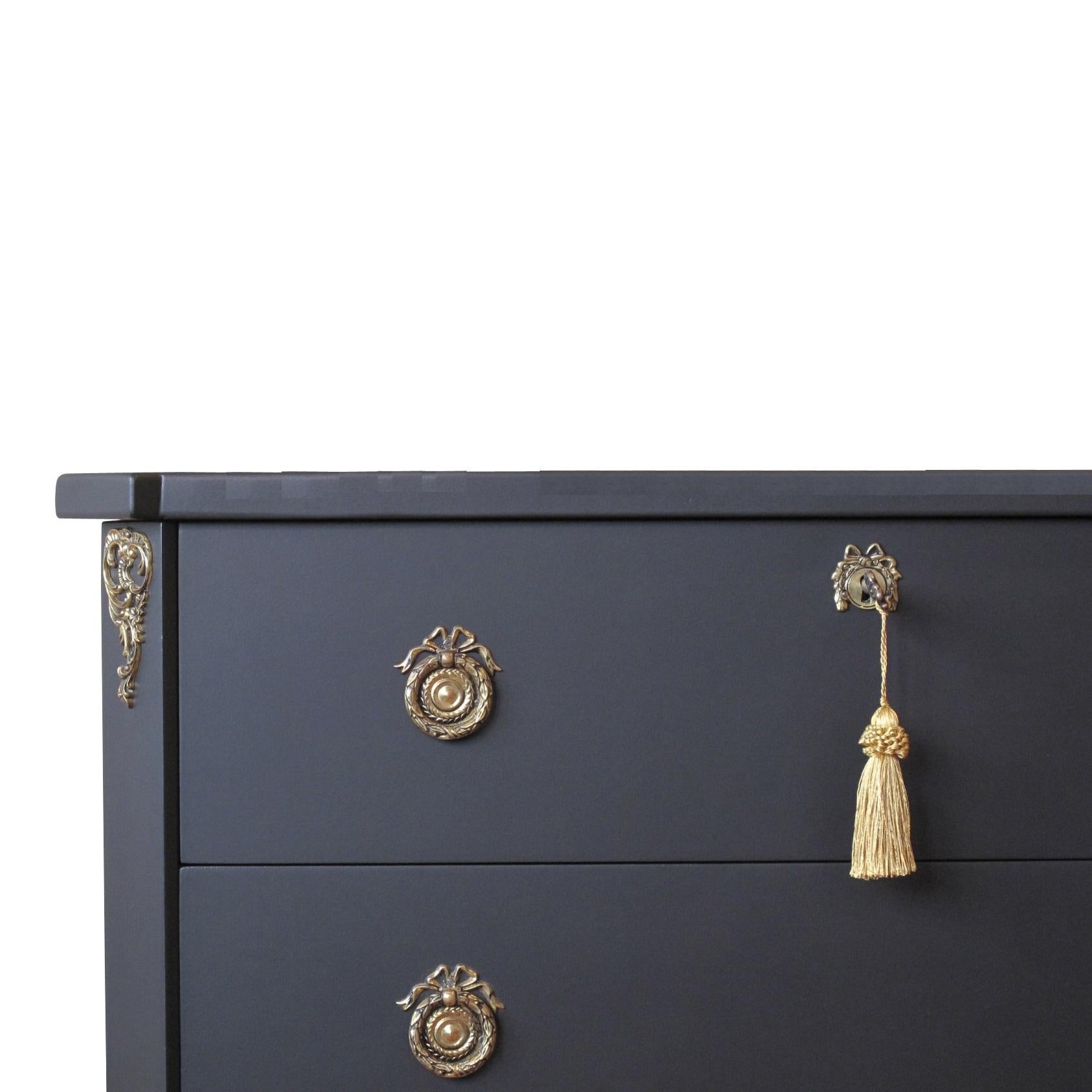 Mid-20th Century Gustavian Style Commode in Black with Brass Details