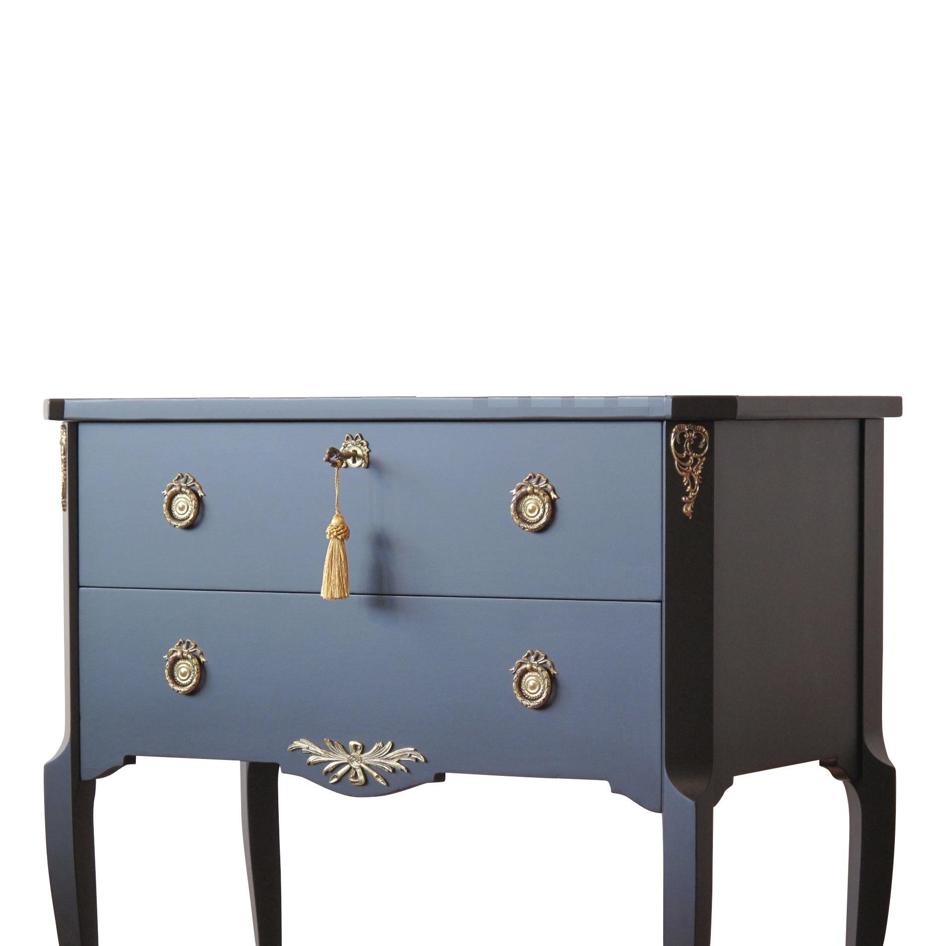 Birch Gustavian Style Commode in Black with Brass Details