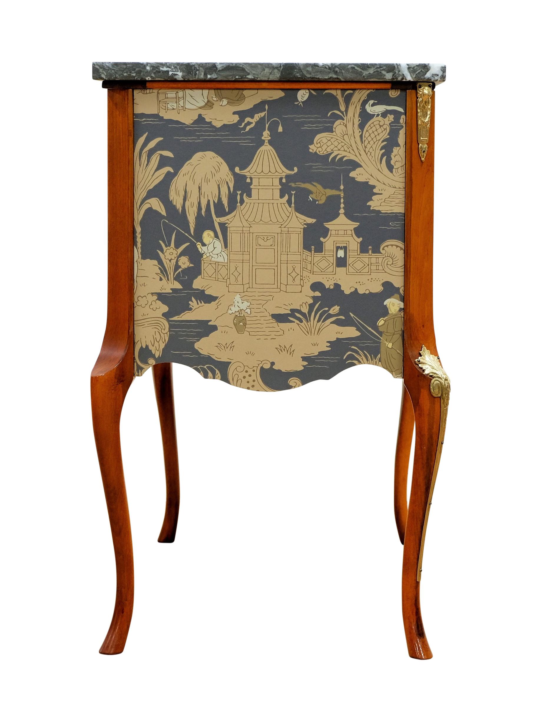 European Gustavian Style Commode with natural marble top and Chinoiserie Design For Sale