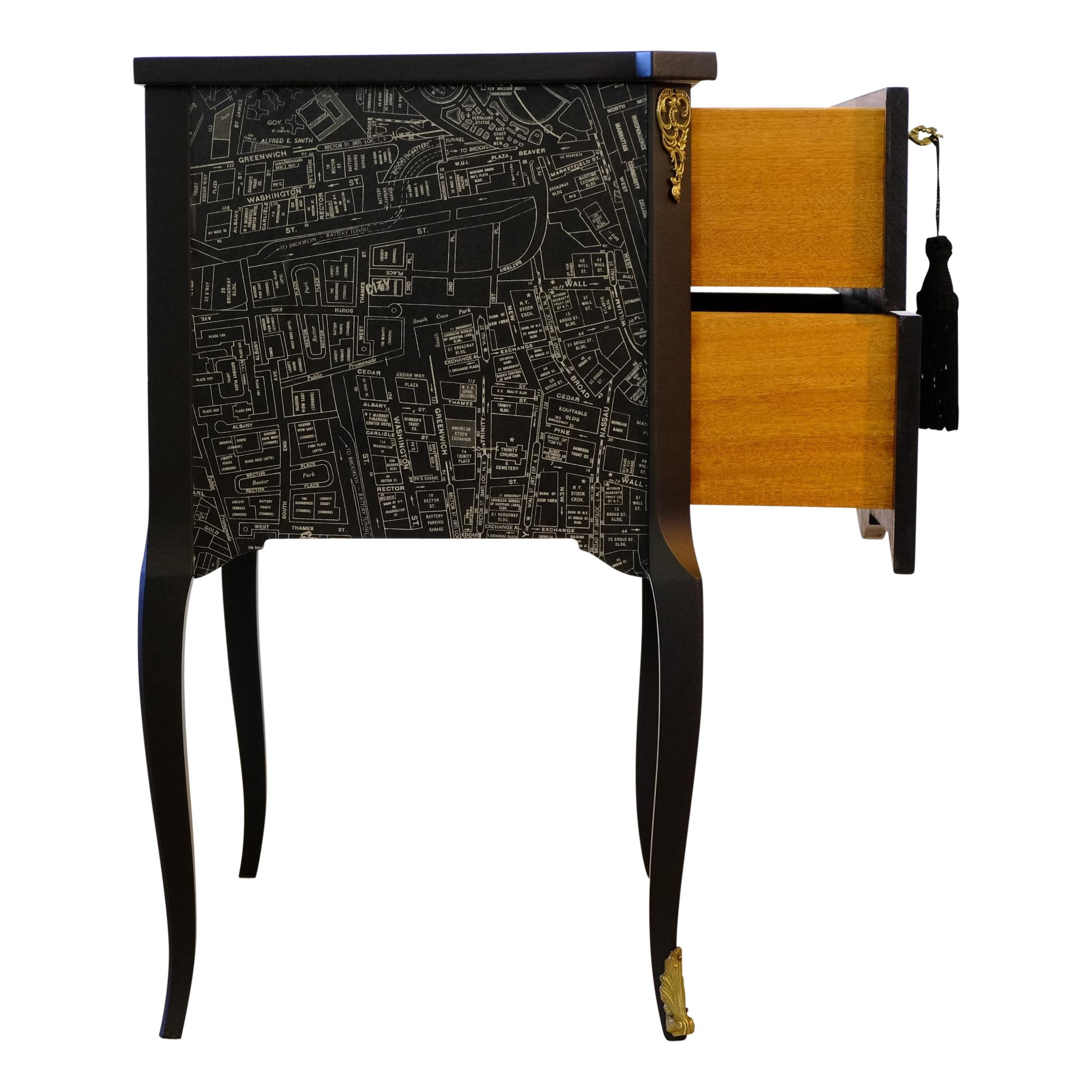 European Gustavian Style Commode with New York Tribeca Street Map in Vintage Look For Sale