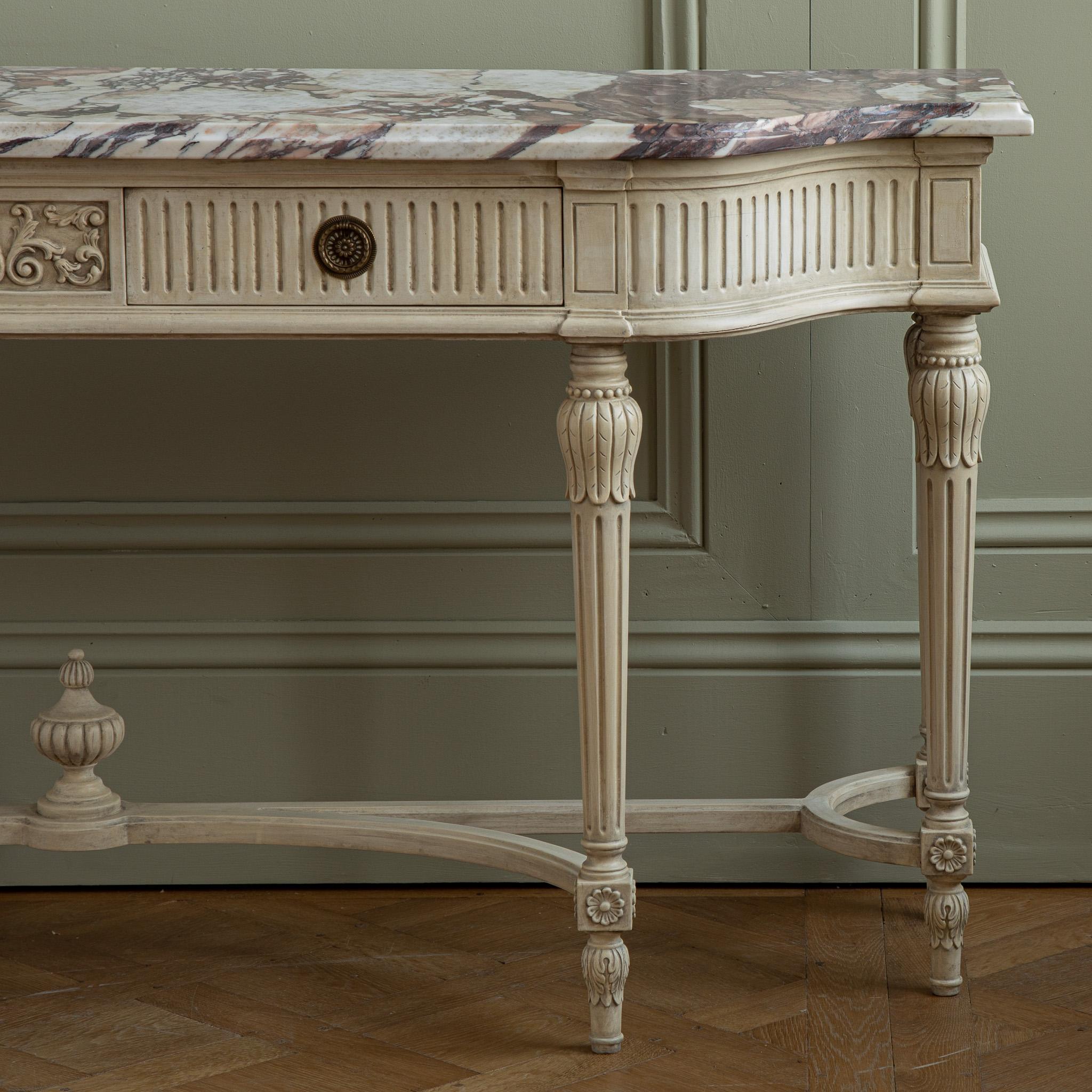 Hand-Carved Gustavian Style Console Featuring French Breche Violette Marble For Sale