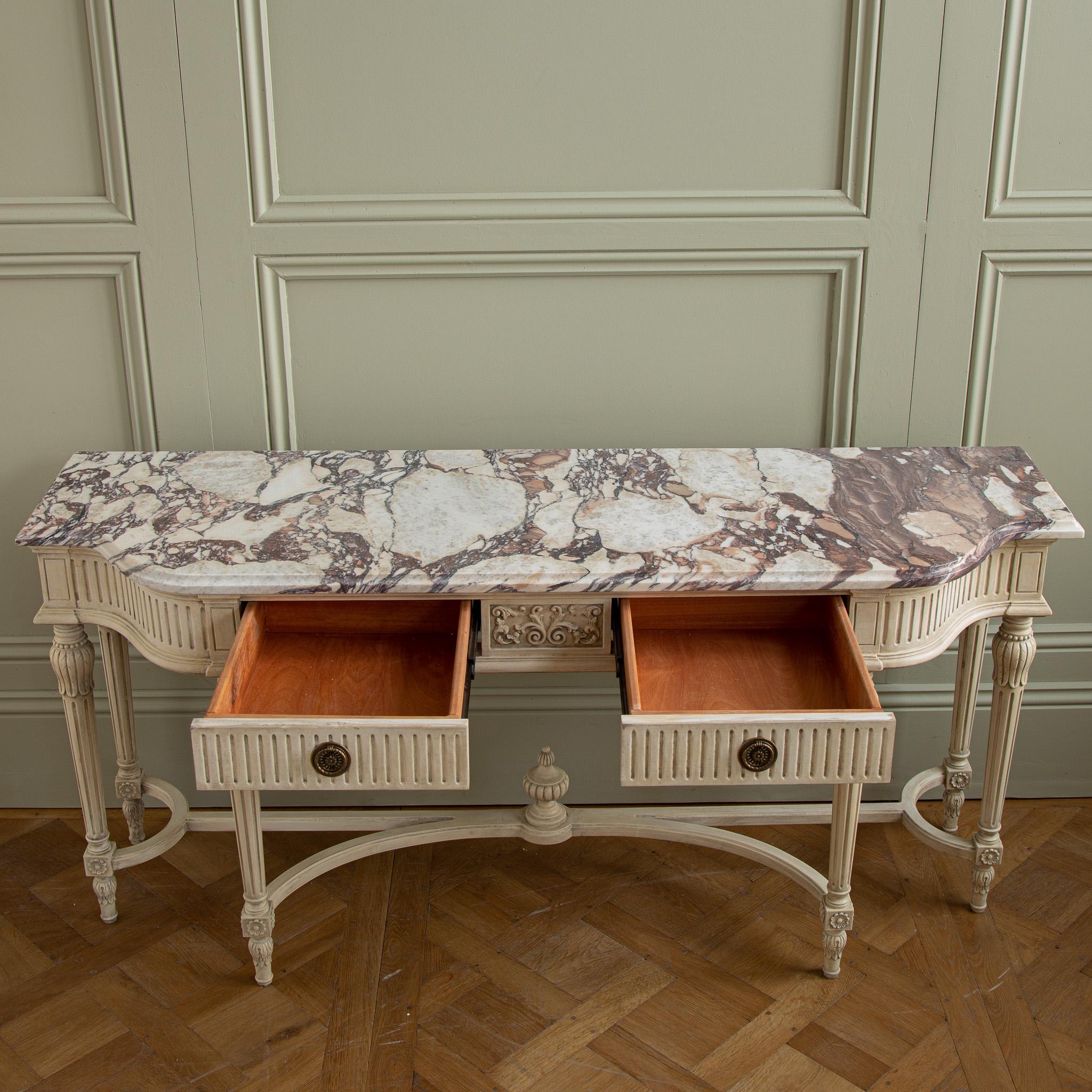 Contemporary Gustavian Style Console Featuring French Breche Violette Marble For Sale