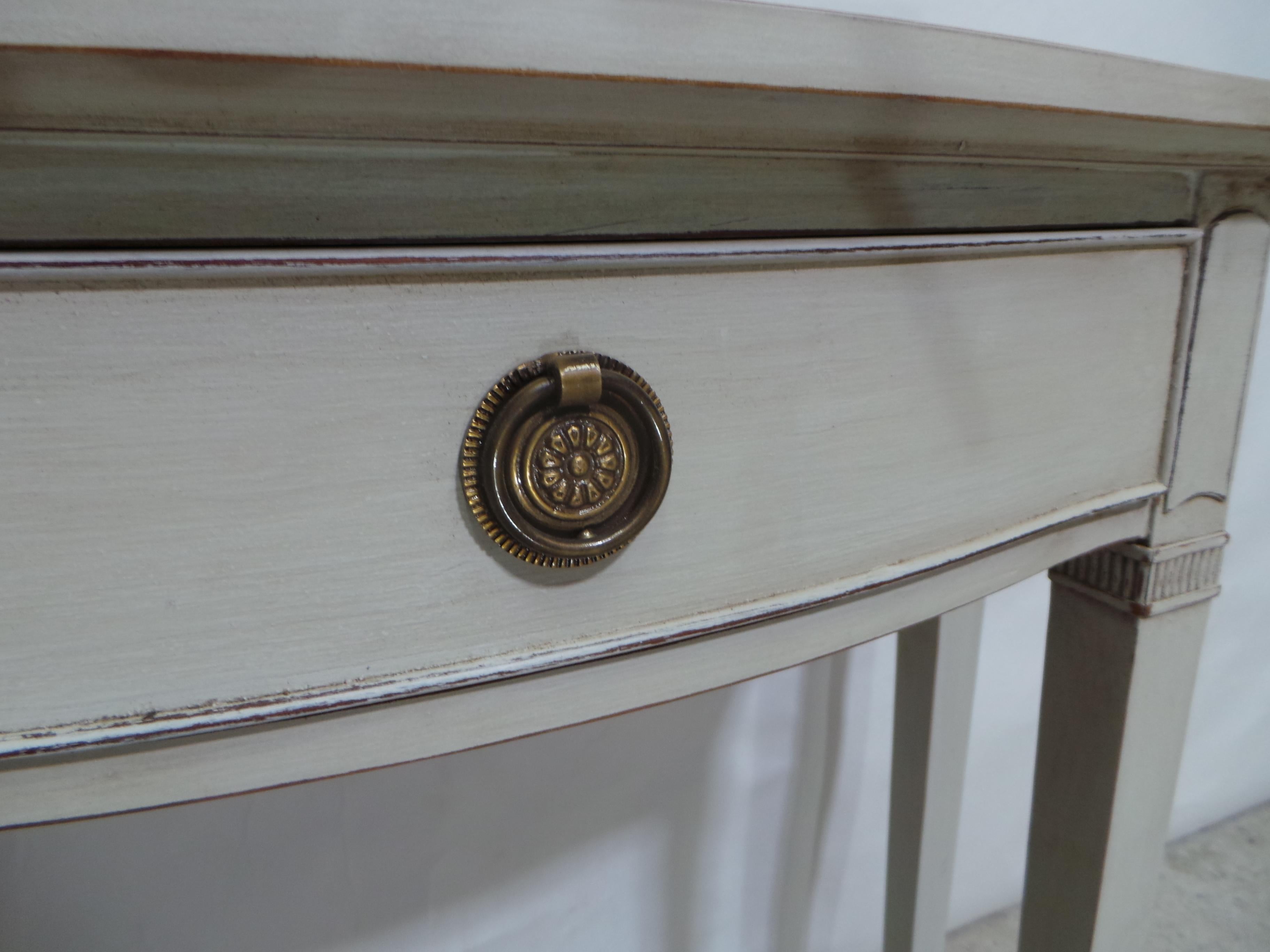 This is a single drawer Gustavian Style console table. Its been restored and repainted with Milk Paints 