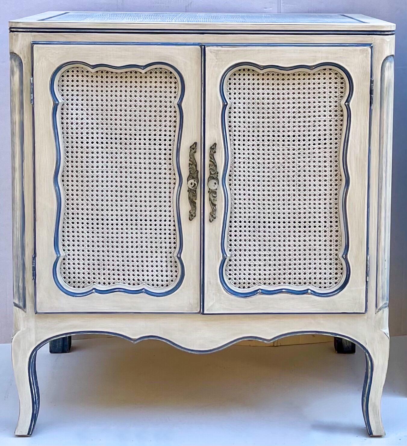 Gustavian Style Custom Painted Blue and Ecru Commodes / Cabinets / Chests, Pair In Good Condition In Kennesaw, GA