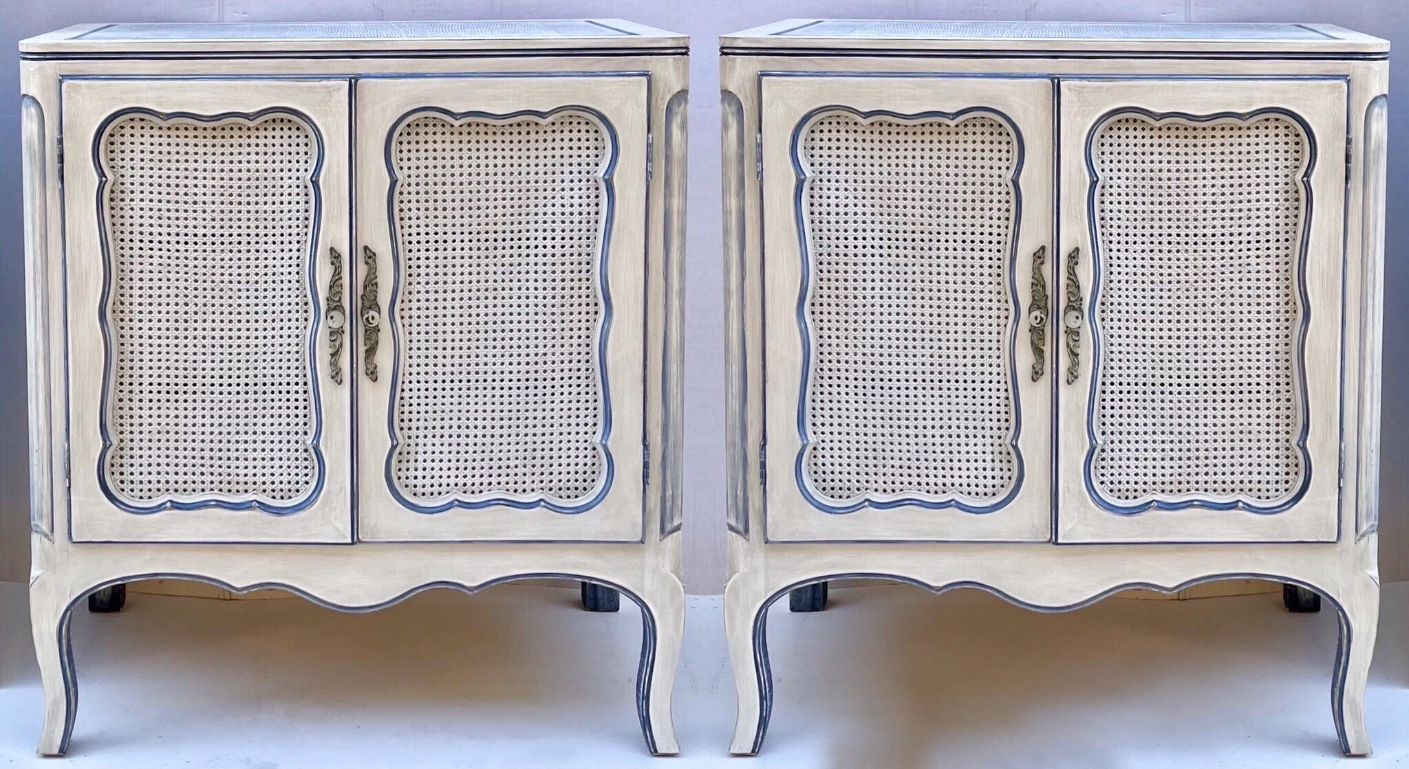 20th Century Gustavian Style Custom Painted Blue and Ecru Commodes / Cabinets / Chests, Pair