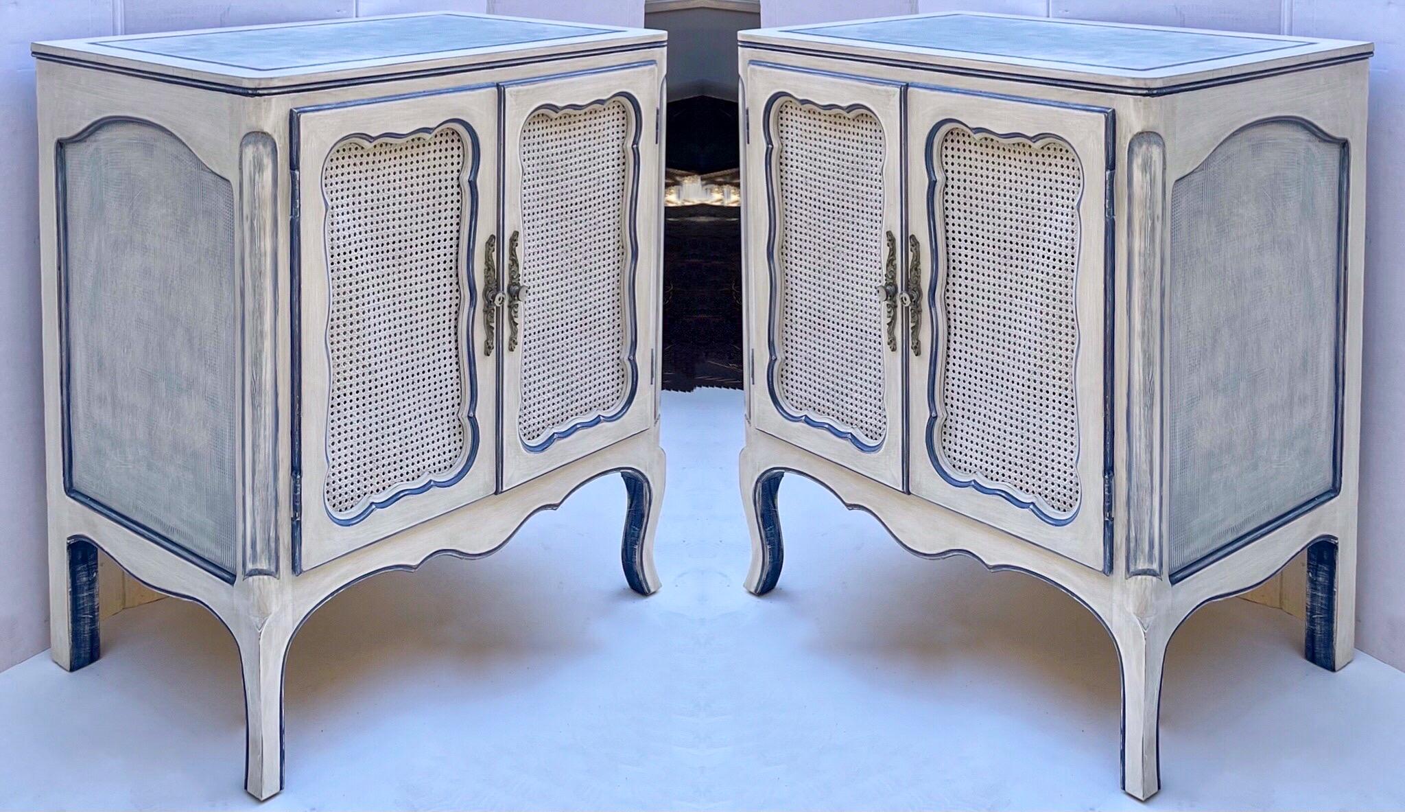 Cane Gustavian Style Custom Painted Blue and Ecru Commodes / Cabinets / Chests, Pair