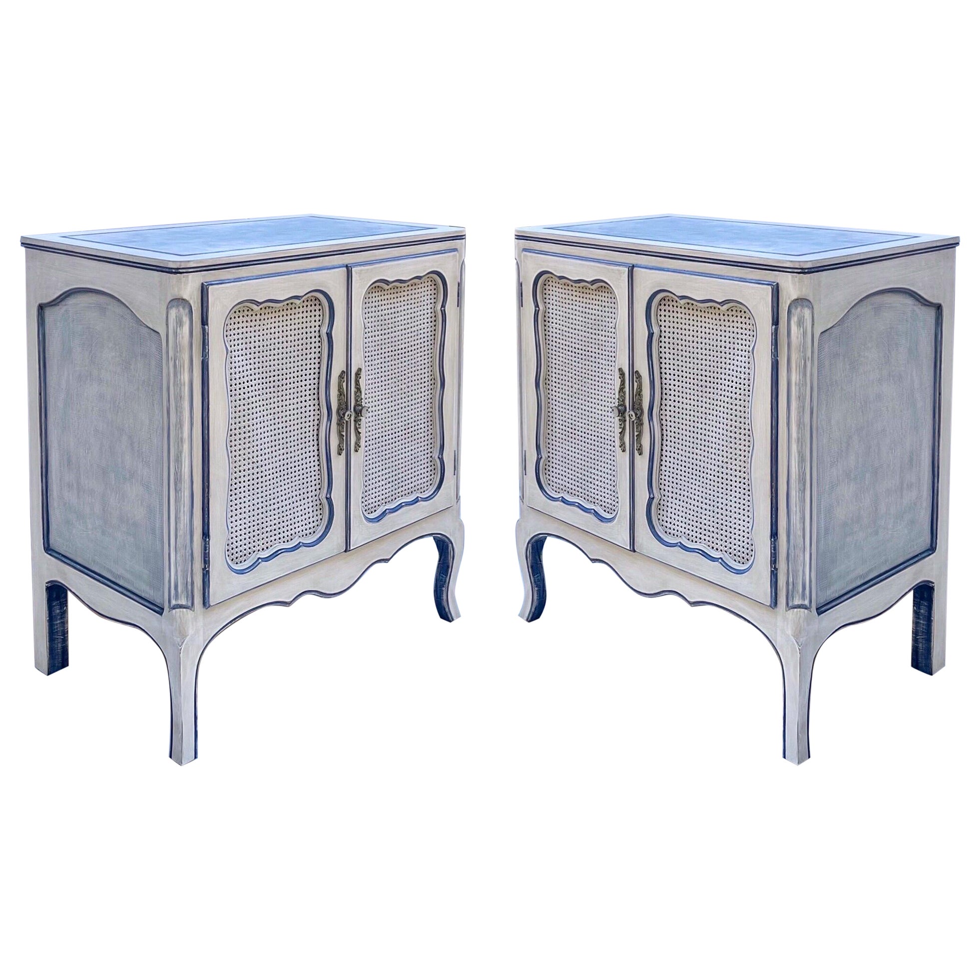 Gustavian Style Custom Painted Blue and Ecru Commodes / Cabinets / Chests, Pair