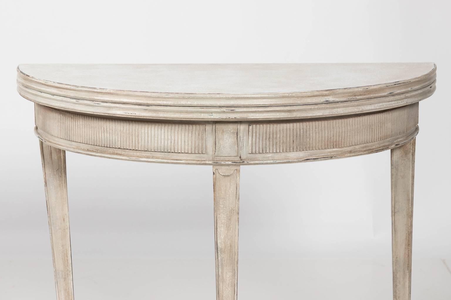 Gustavian Style Grey Painted Flip Top Demilune Table 4