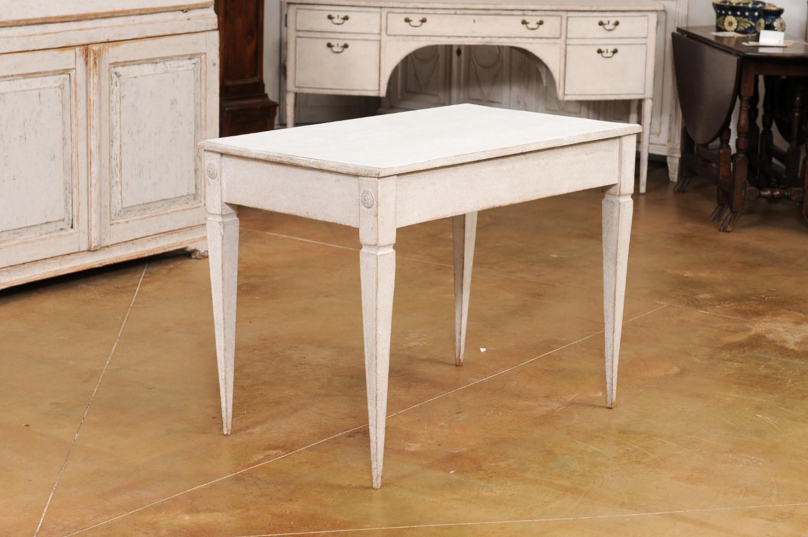 Gustavian Style Light Gray Painted Desk with Carved Reeded Drawer, circa 1900 For Sale 4