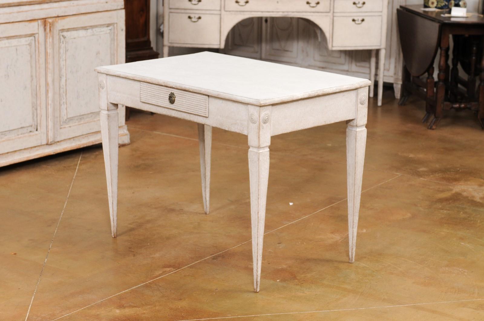 Gustavian Style Light Gray Painted Desk with Carved Reeded Drawer, circa 1900 For Sale 6