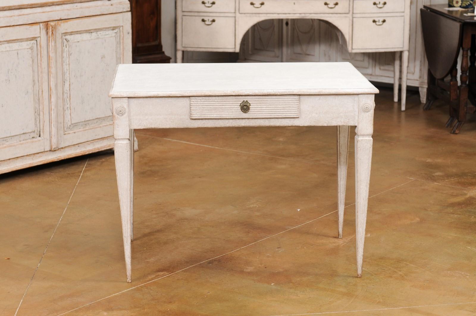 Gustavian Style Light Gray Painted Desk with Carved Reeded Drawer, circa 1900 For Sale 7