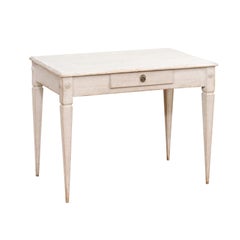 Gustavian Style Light Gray Painted Desk with Carved Reeded Drawer, circa 1900