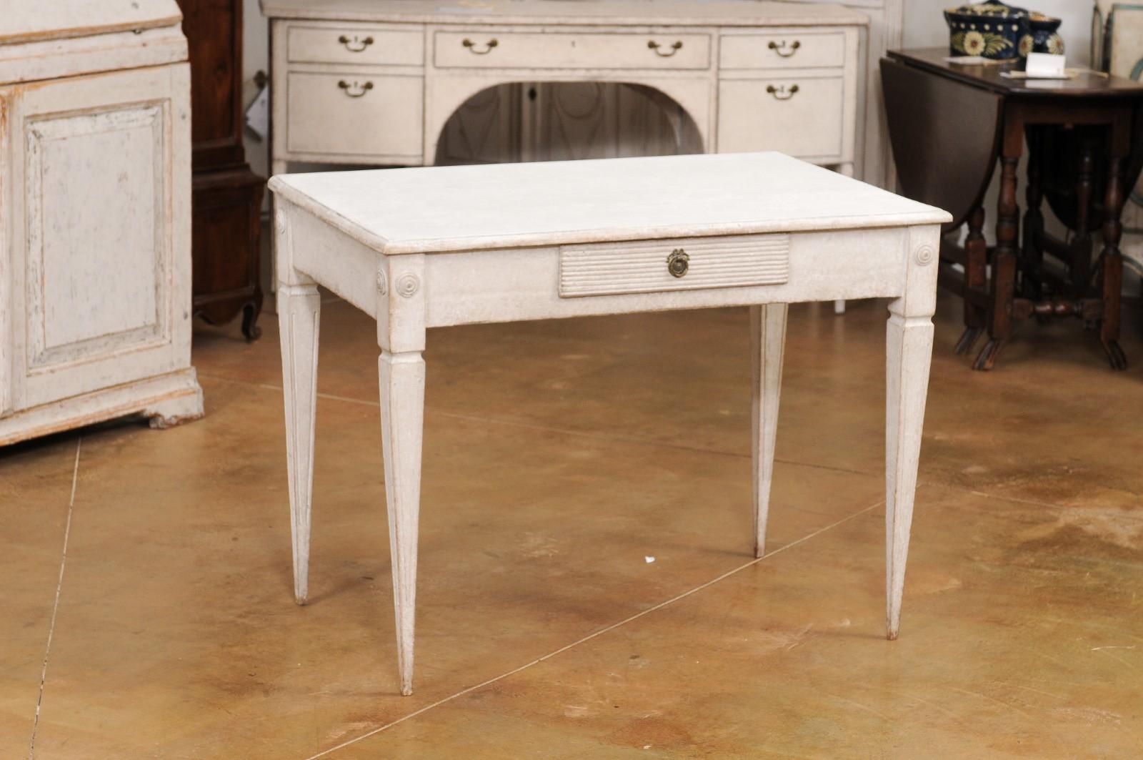 Swedish Gustavian Style Light Gray Painted Desk with Carved Reeded Drawer, circa 1900 For Sale