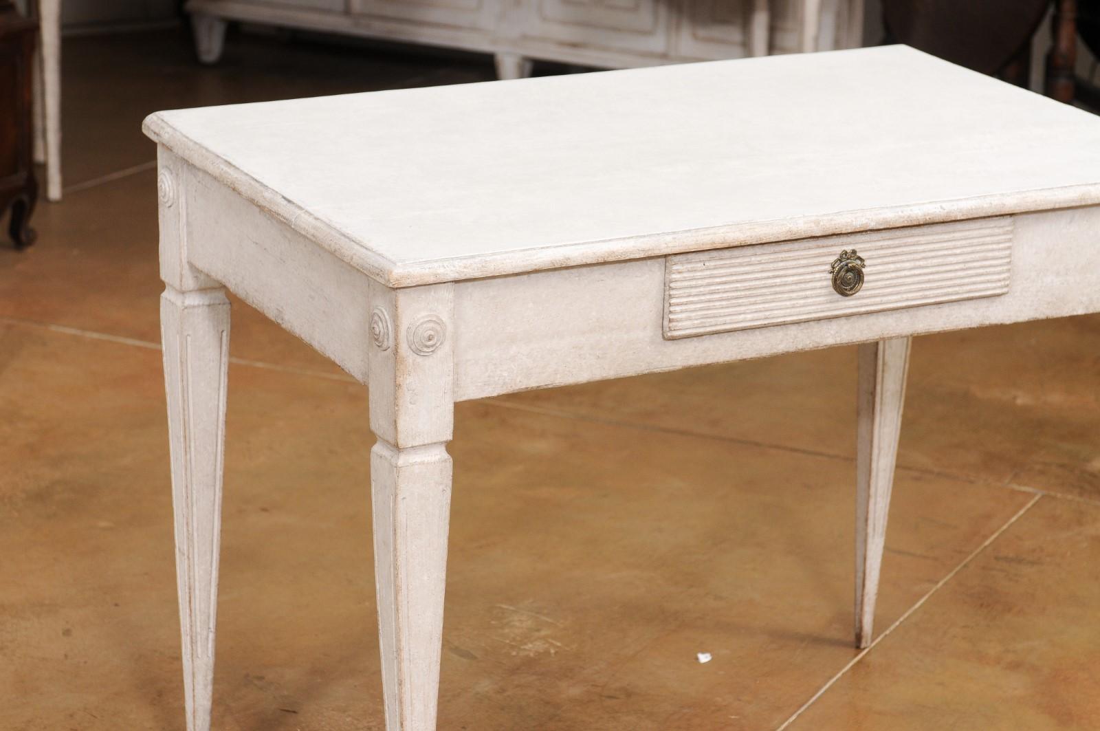 Gustavian Style Light Gray Painted Desk with Carved Reeded Drawer, circa 1900 In Good Condition For Sale In Atlanta, GA
