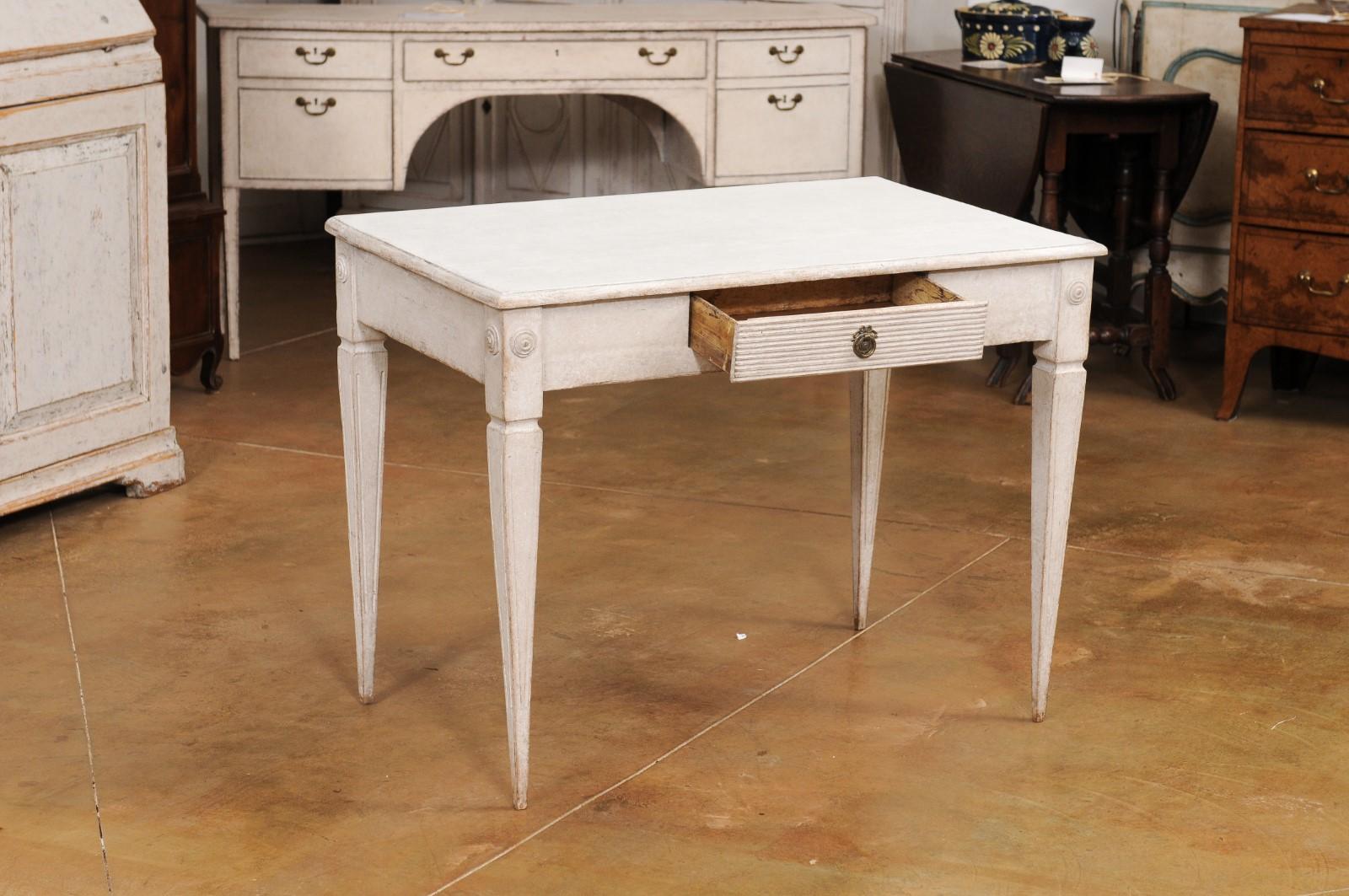20th Century Gustavian Style Light Gray Painted Desk with Carved Reeded Drawer, circa 1900 For Sale
