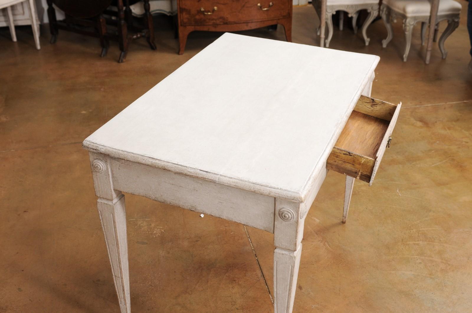 Wood Gustavian Style Light Gray Painted Desk with Carved Reeded Drawer, circa 1900 For Sale