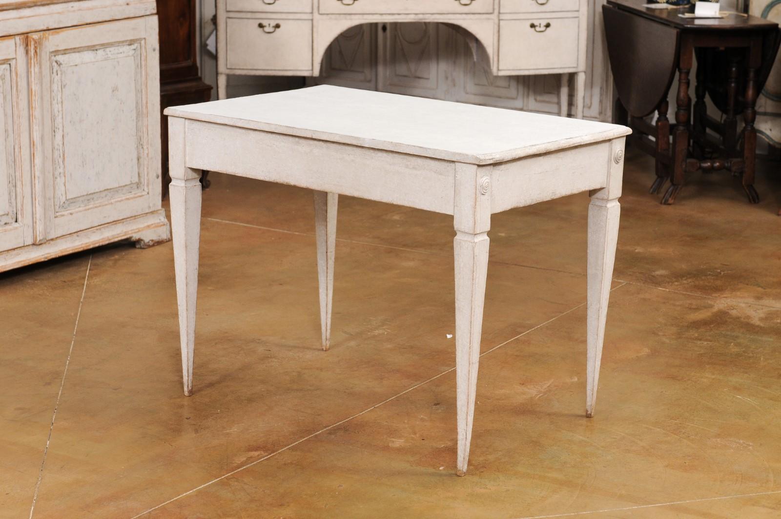 Gustavian Style Light Gray Painted Desk with Carved Reeded Drawer, circa 1900 For Sale 2