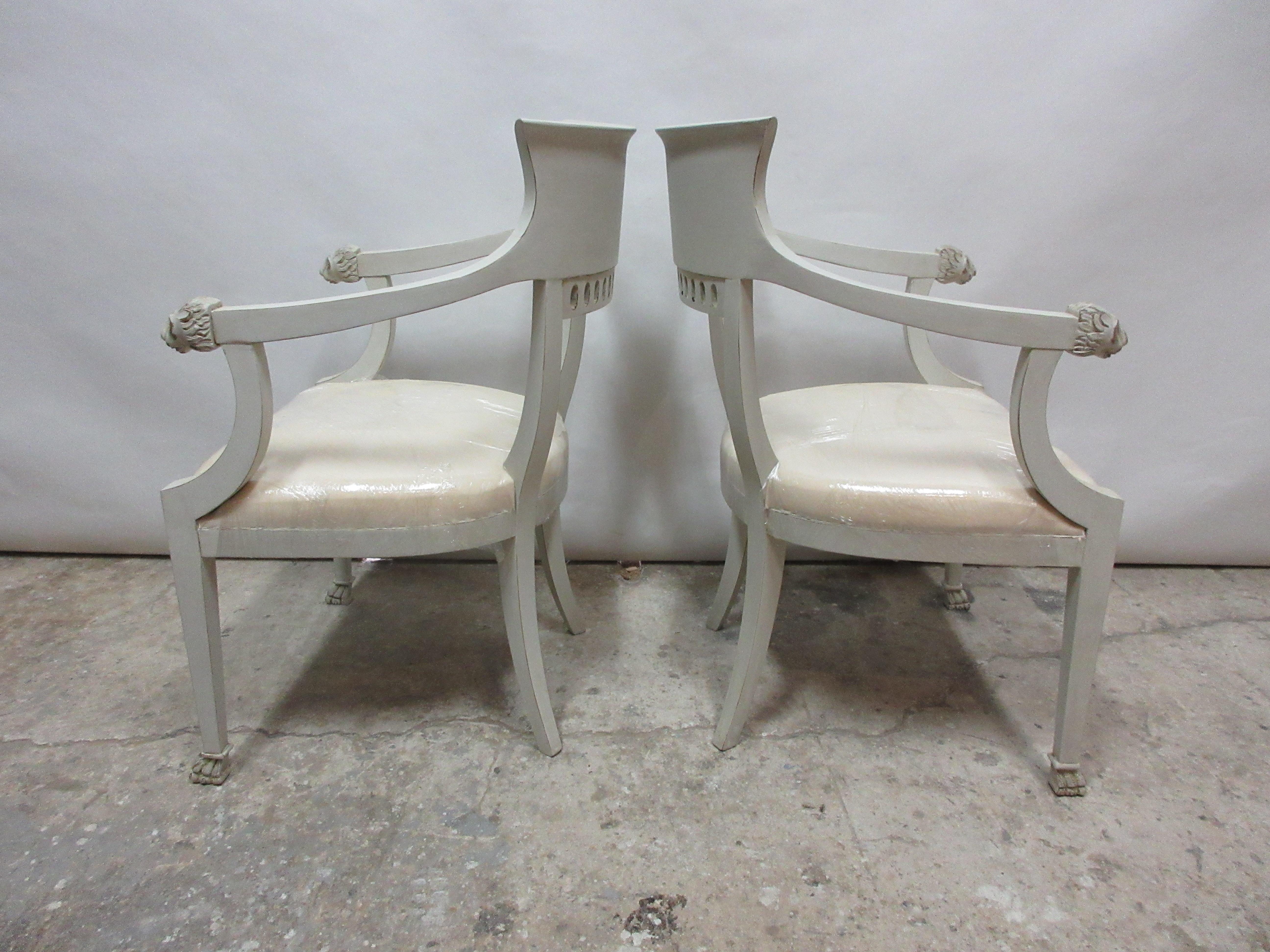 This is a set of 2 Gustavian style lion head chairs, they have been restored and repainted with milk paints 