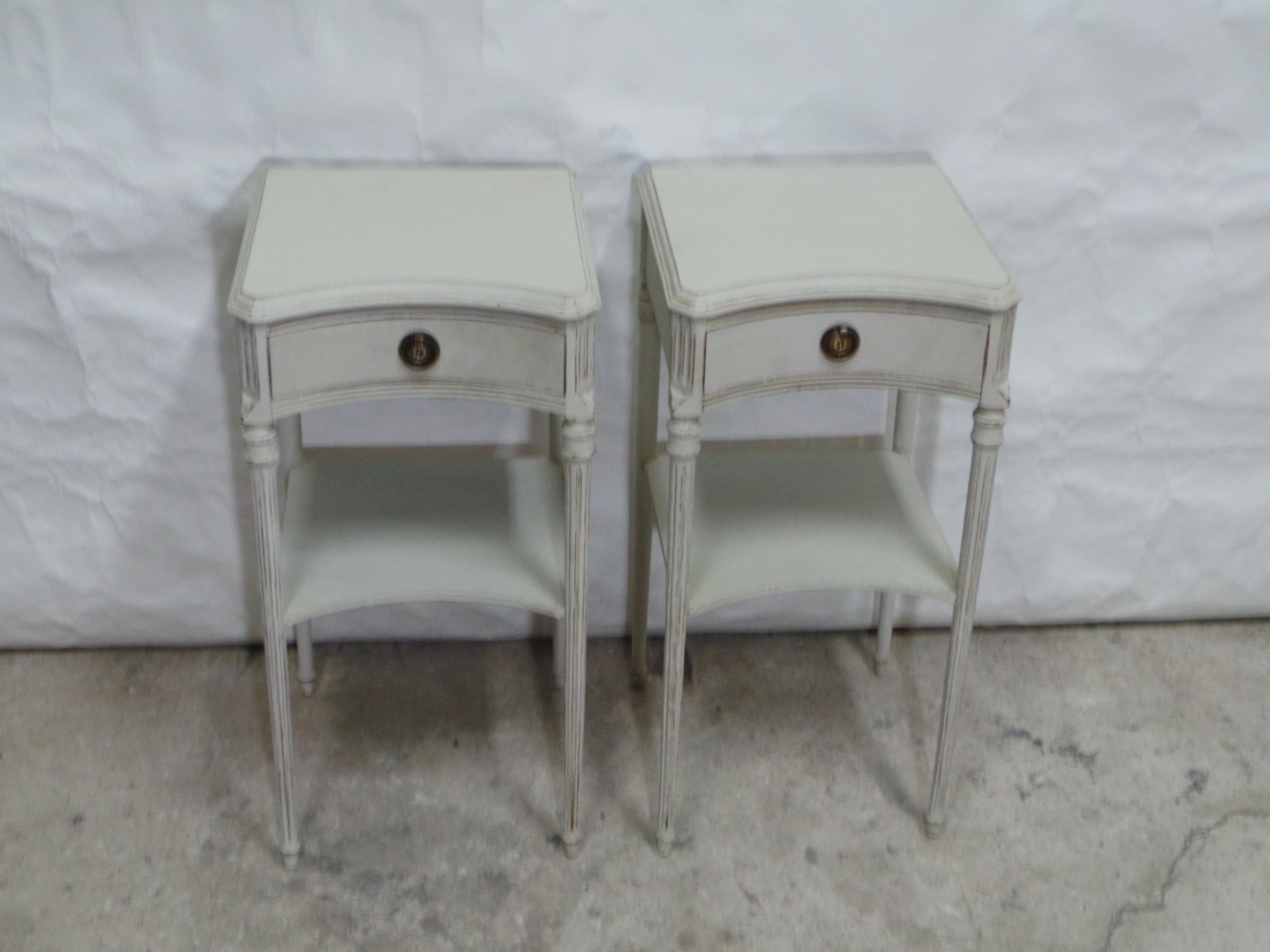 This is a set of 2 Gustavian Style Long leg Nightstands. They have been restored and repainted with Milk Paints 