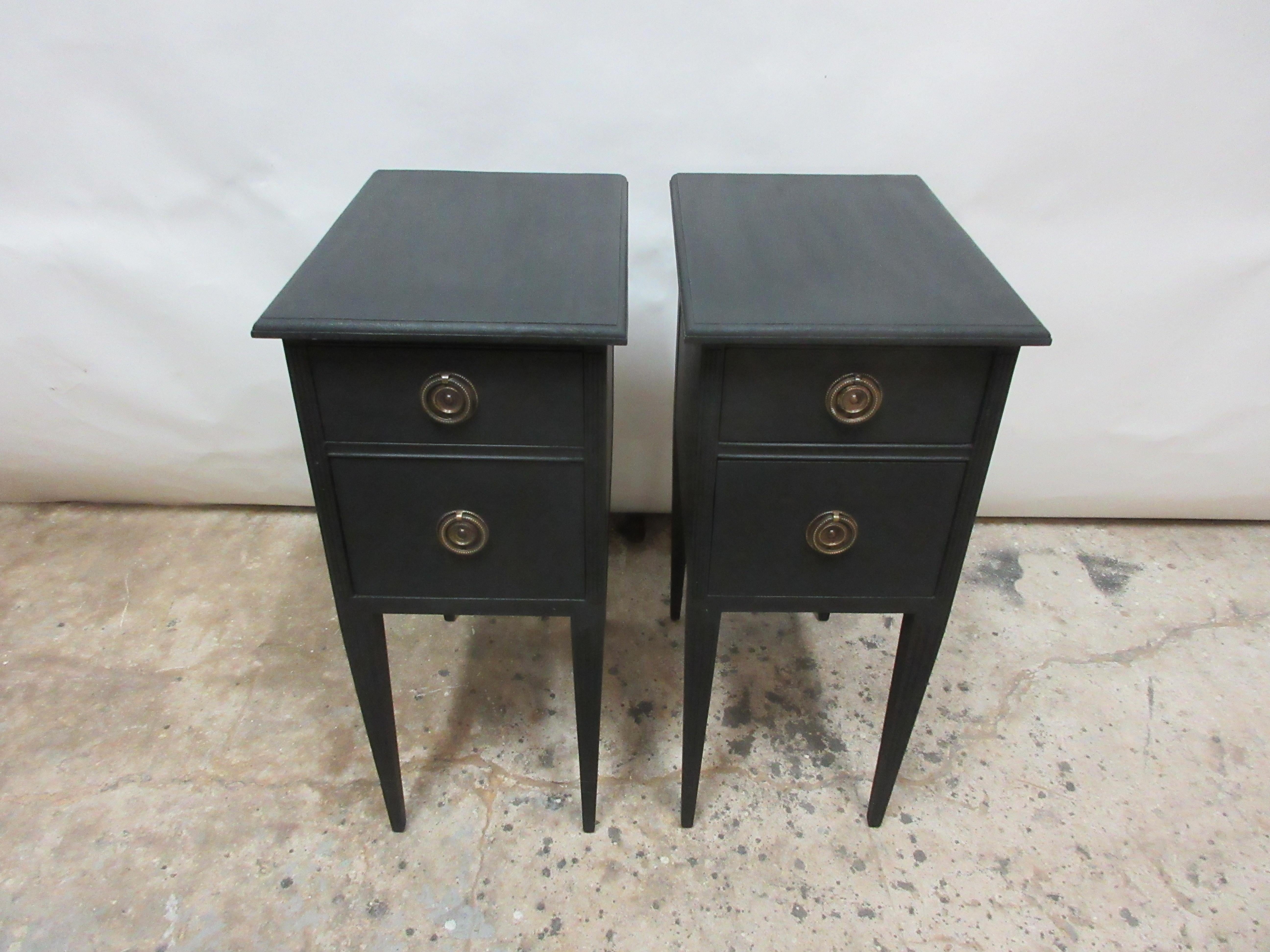 This is a set of 2 Gustavian style nightstands. They have been restored and repainted in milk paints 