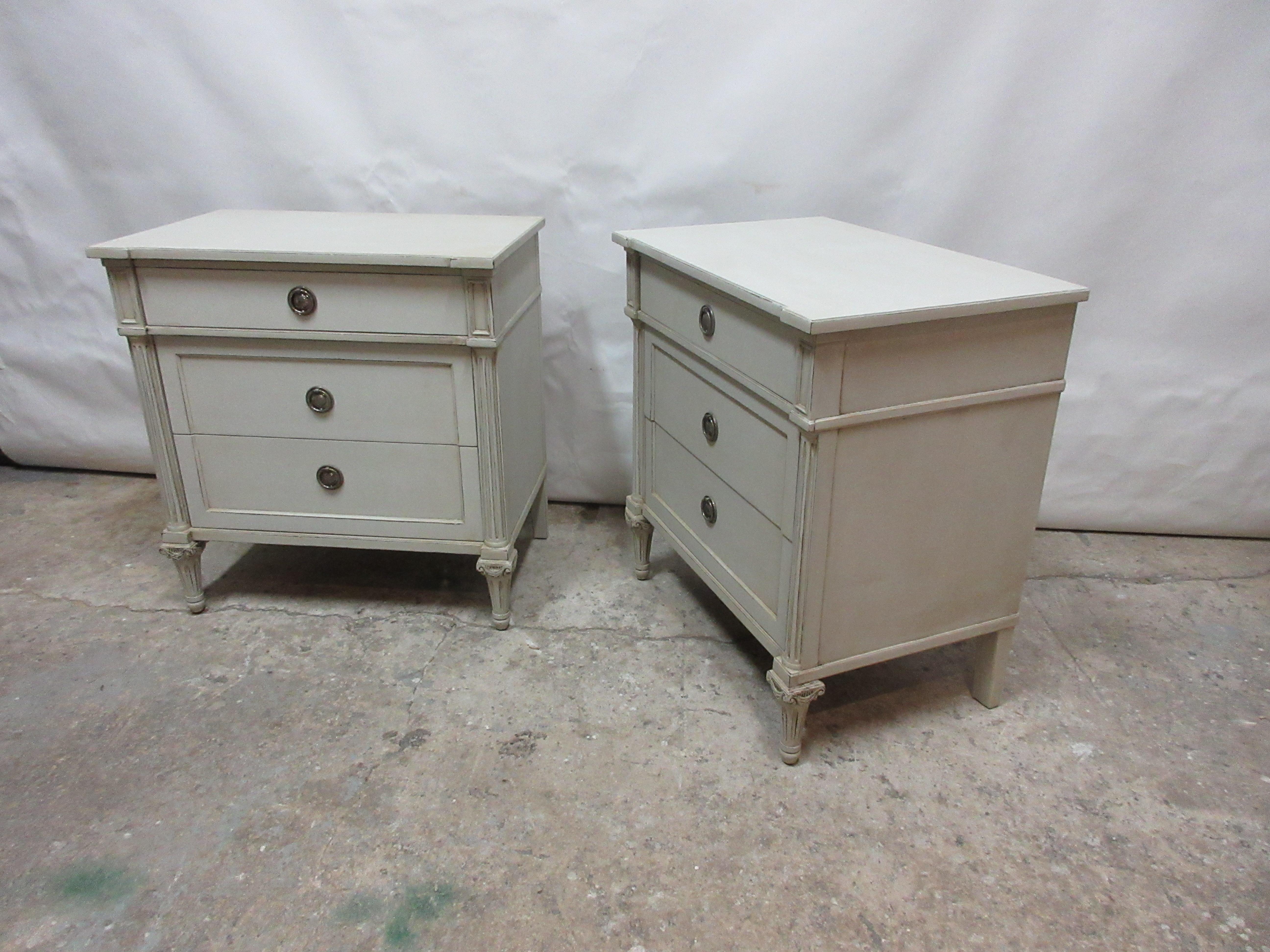 This is a set of 2 Gustavian style nightstands. They have been restored and repainted with milk paints 