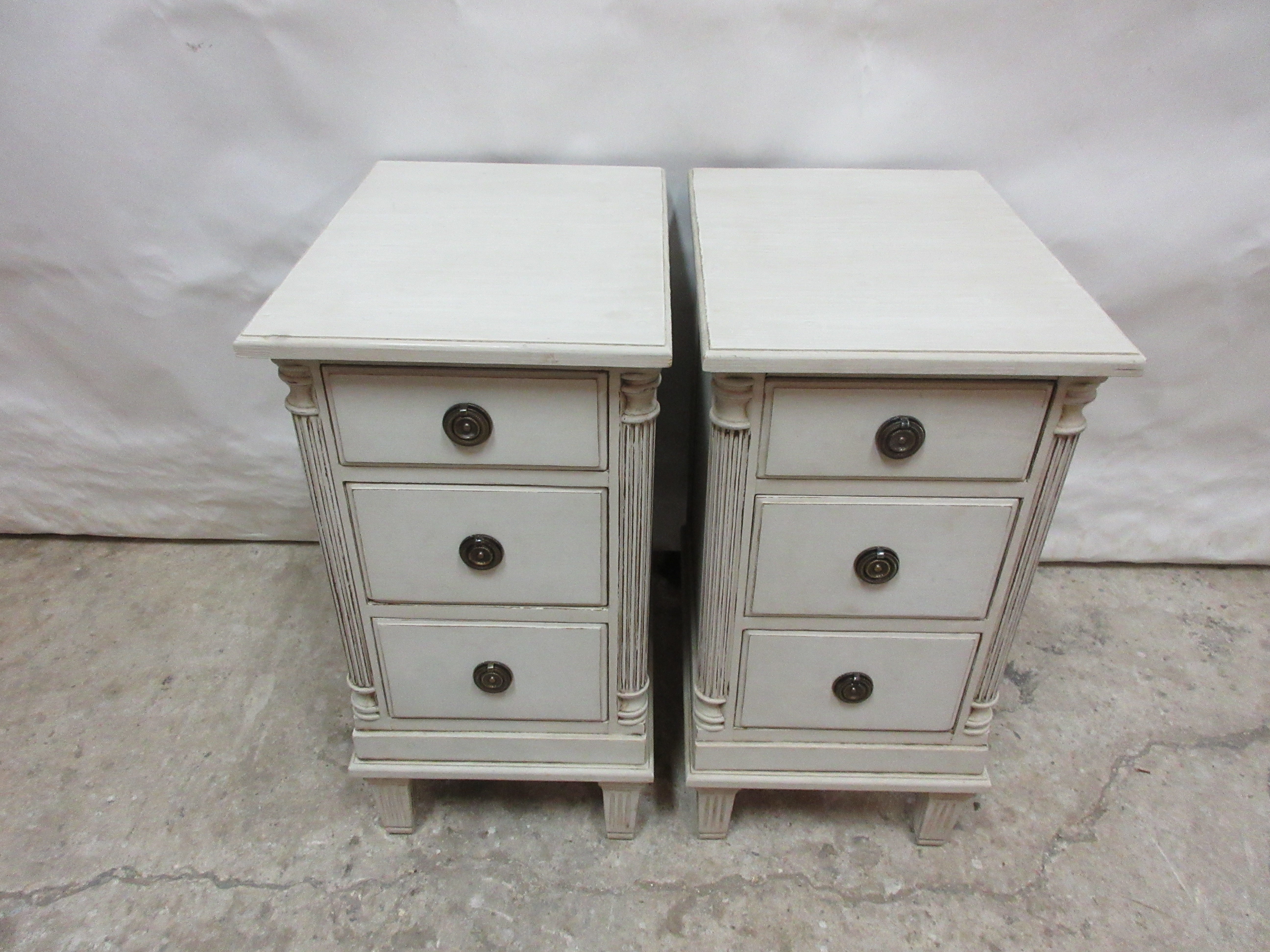 This is a unique set of 2 Gustavian style night stands , They have been restored and repainted with Milk paints 