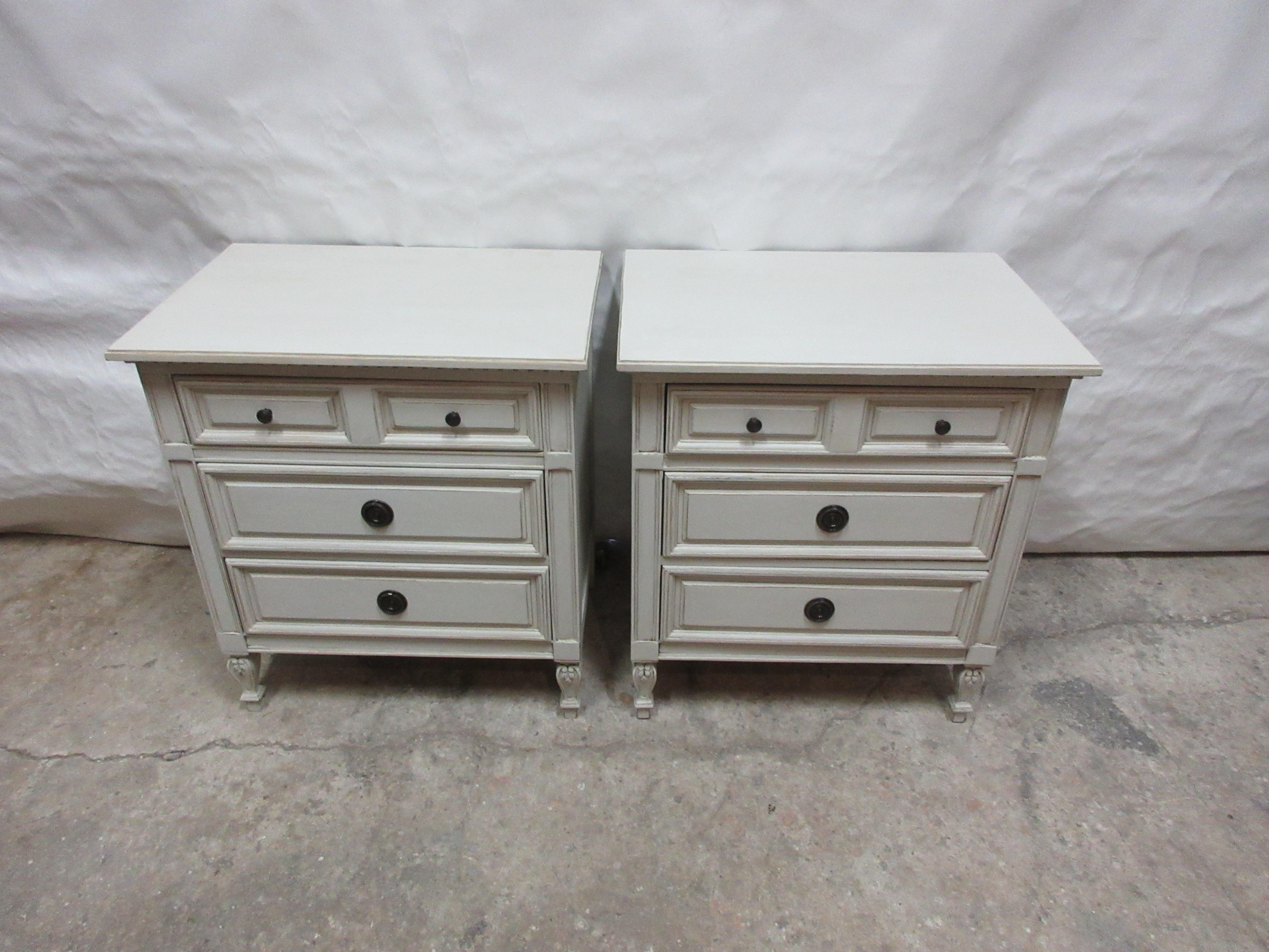 This is a unique set of 2 Gustavian style nightstands, they have been restored and repainted with milk paints oyster white.
