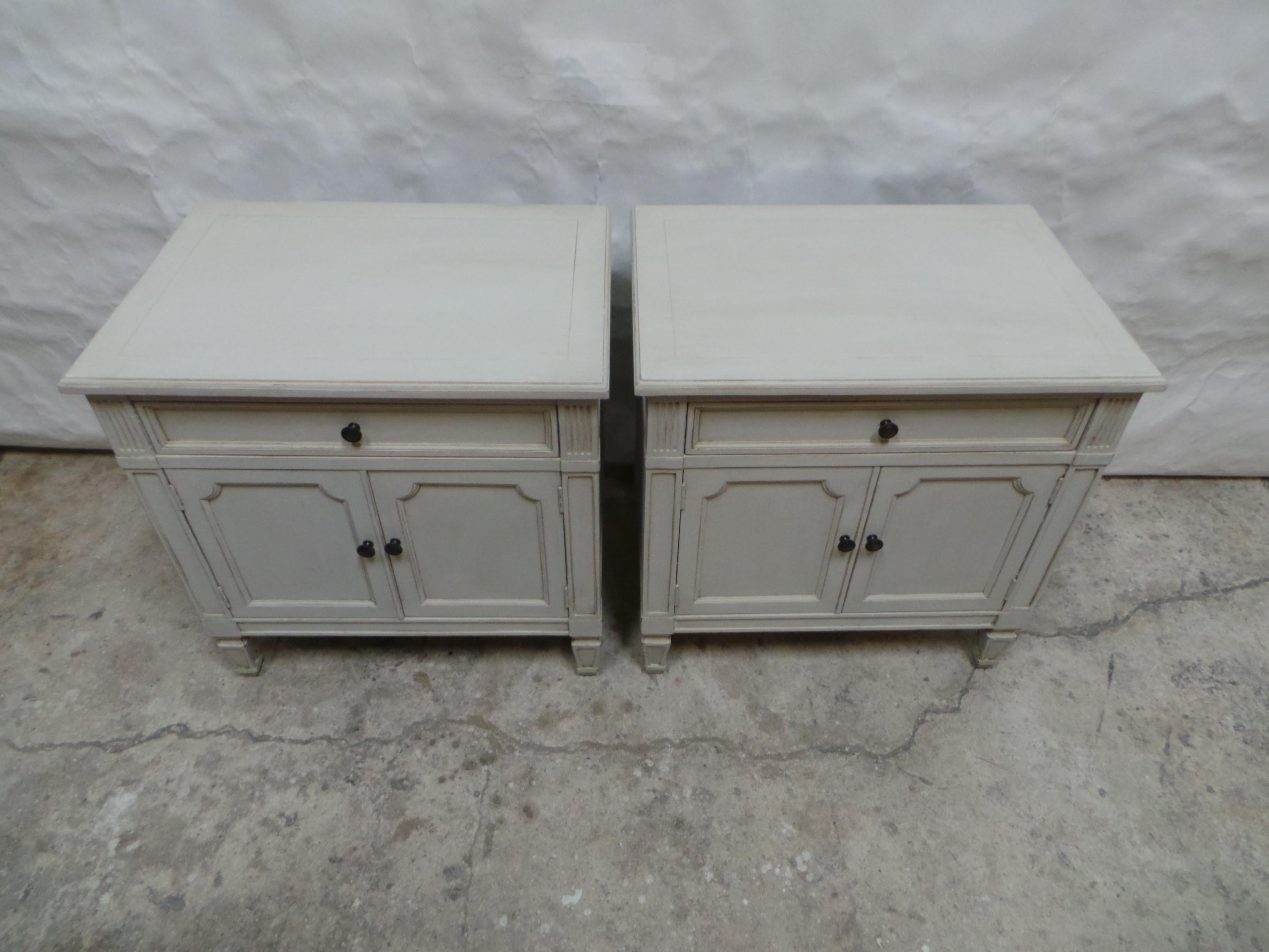This is a unique set of 2 Gustavian Style Nightstands .they have been restored and repainted with Milk Paints 