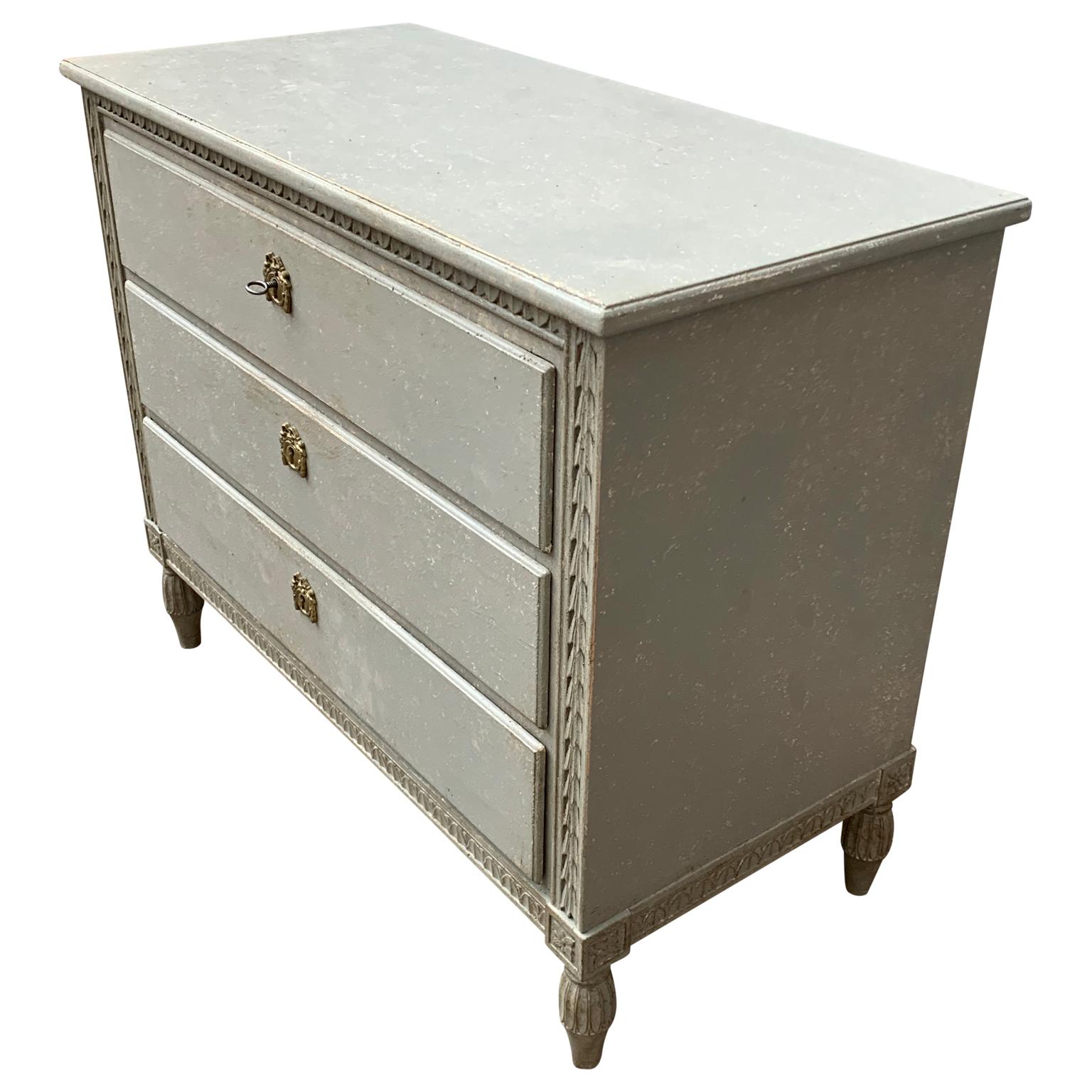 Hand-Painted Gustavian Style Painted 3 Drawer Dresser From Sweden