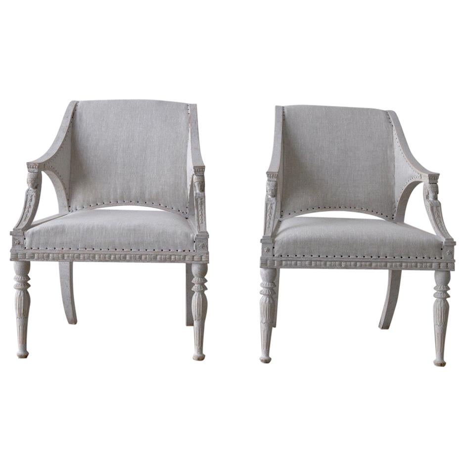 Gustavian Style Painted Armchairs with Sphinx Heads