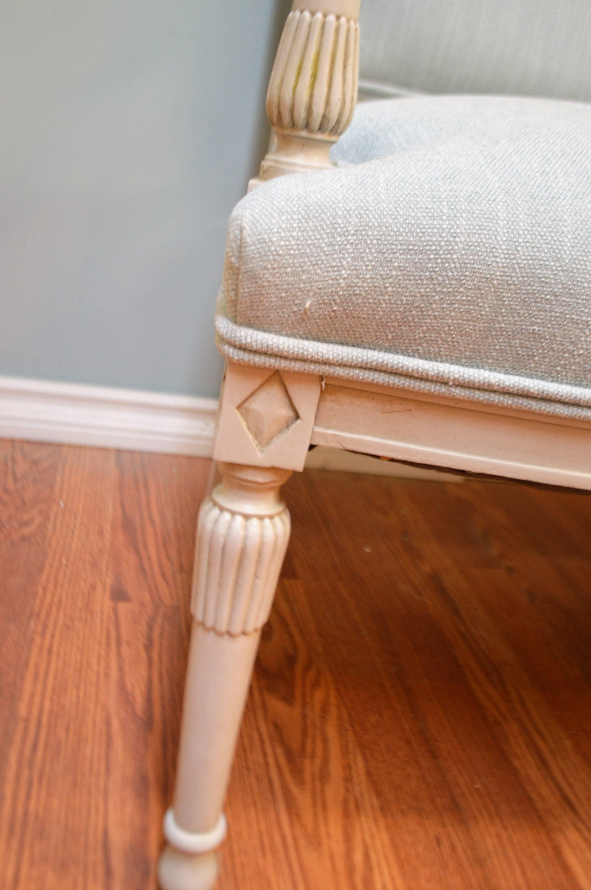 French Gustavian Style Painted Settee, Canape, Newly Upholstered in a Light Blue Linen