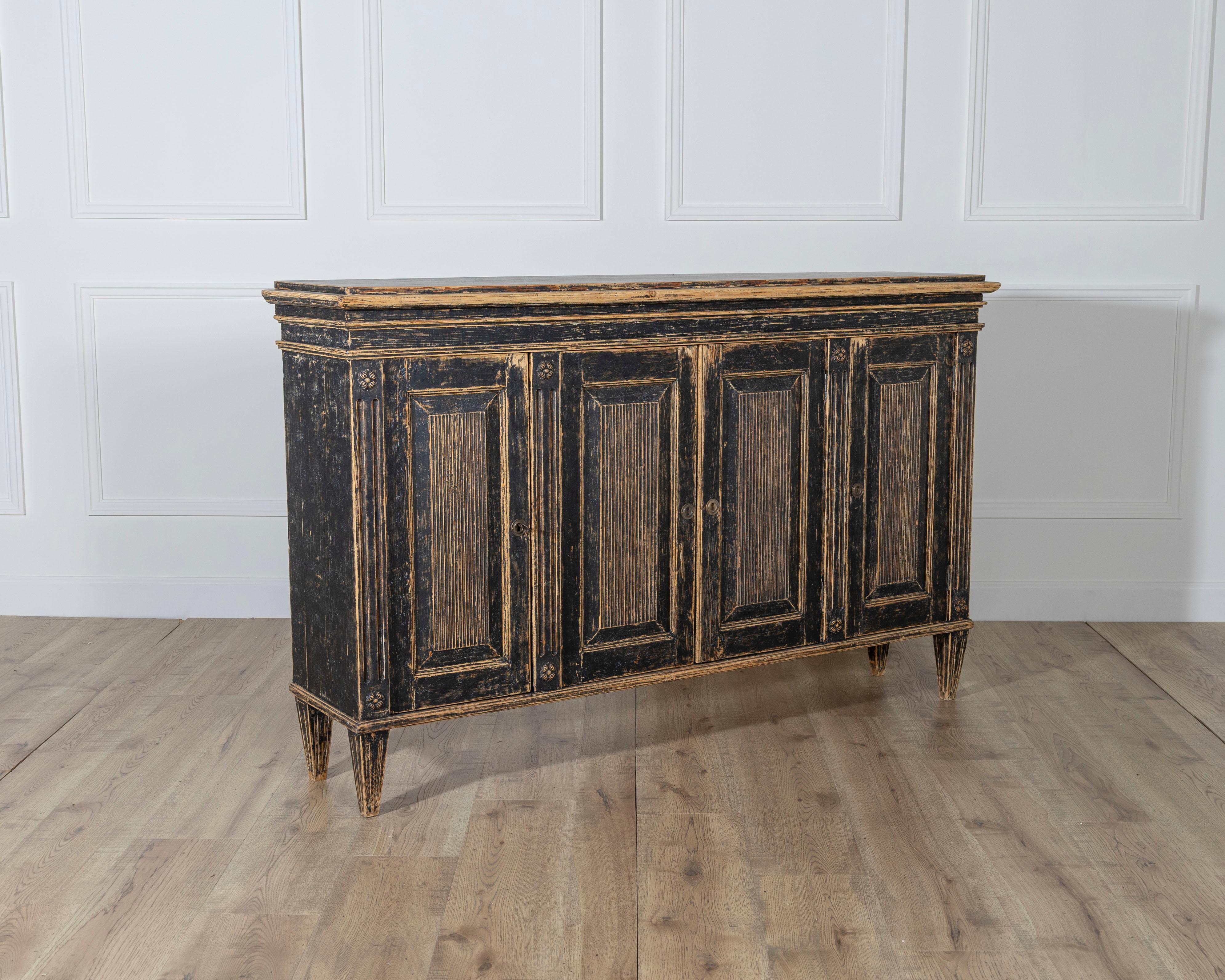 Pine Gustavian Style Painted Sideboard with Reeded Doors, circa 1900 For Sale